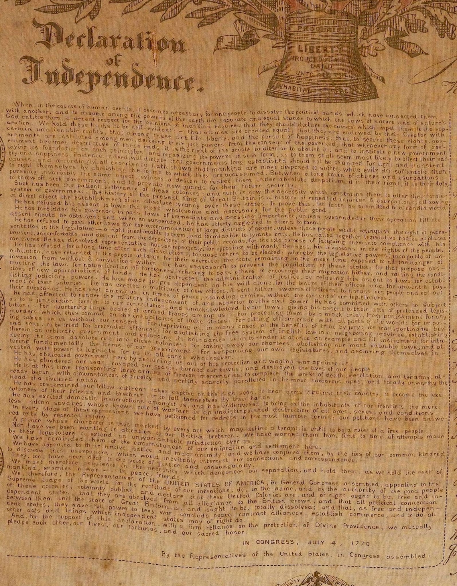 Declaration of Independence, Printed on Cotton, Circa 1876 - The Great Republic