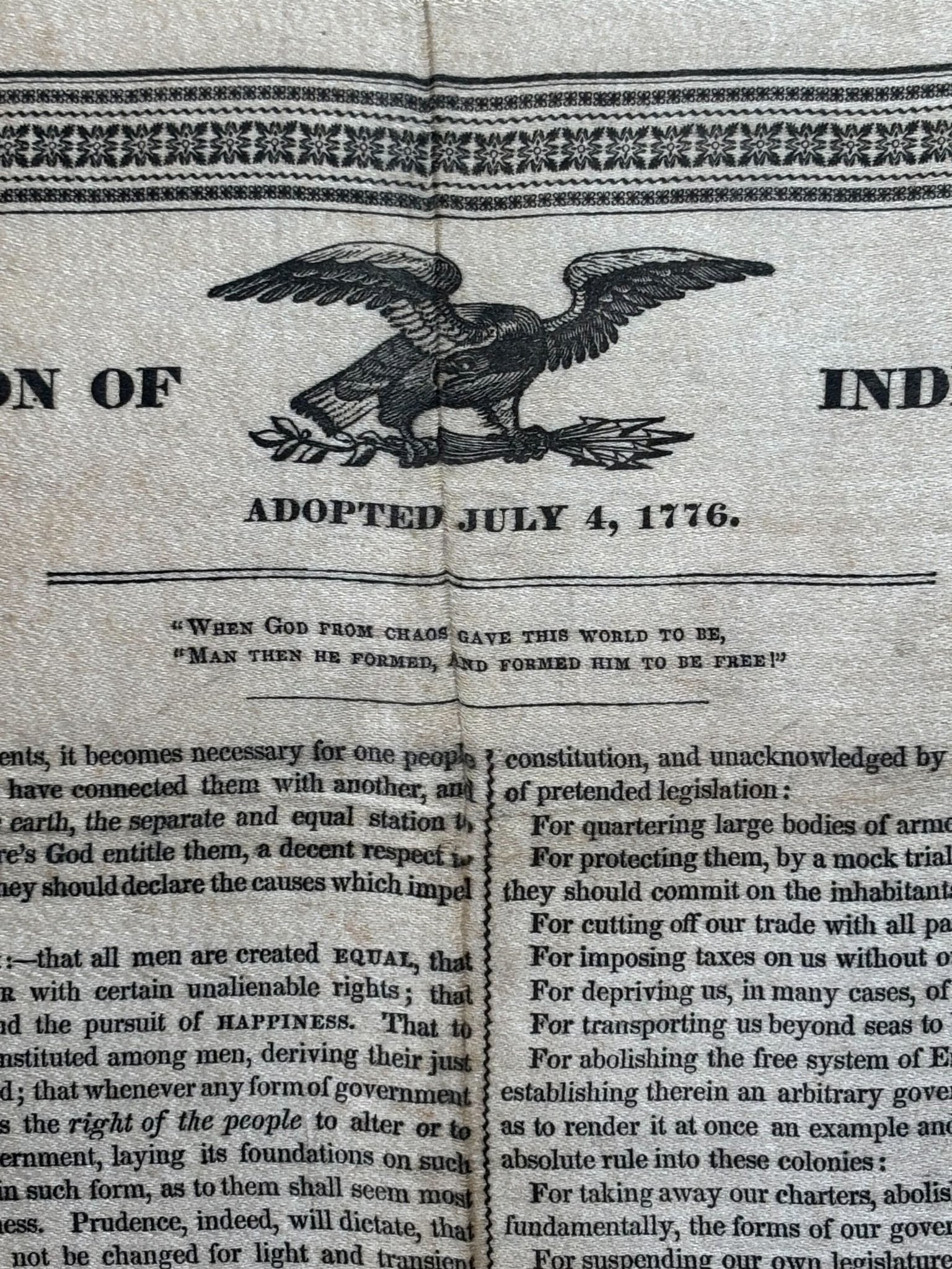 Declaration of Independence, Printed on Silk, Circa 1830 - The Great Republic