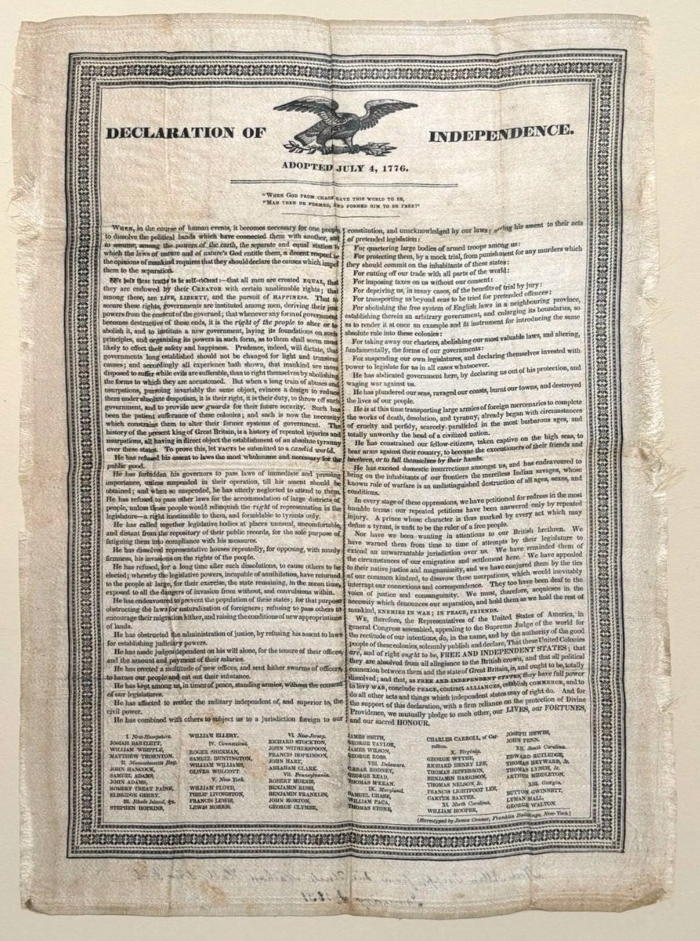 Declaration of Independence, Printed on Silk, Circa 1830 - The Great Republic
