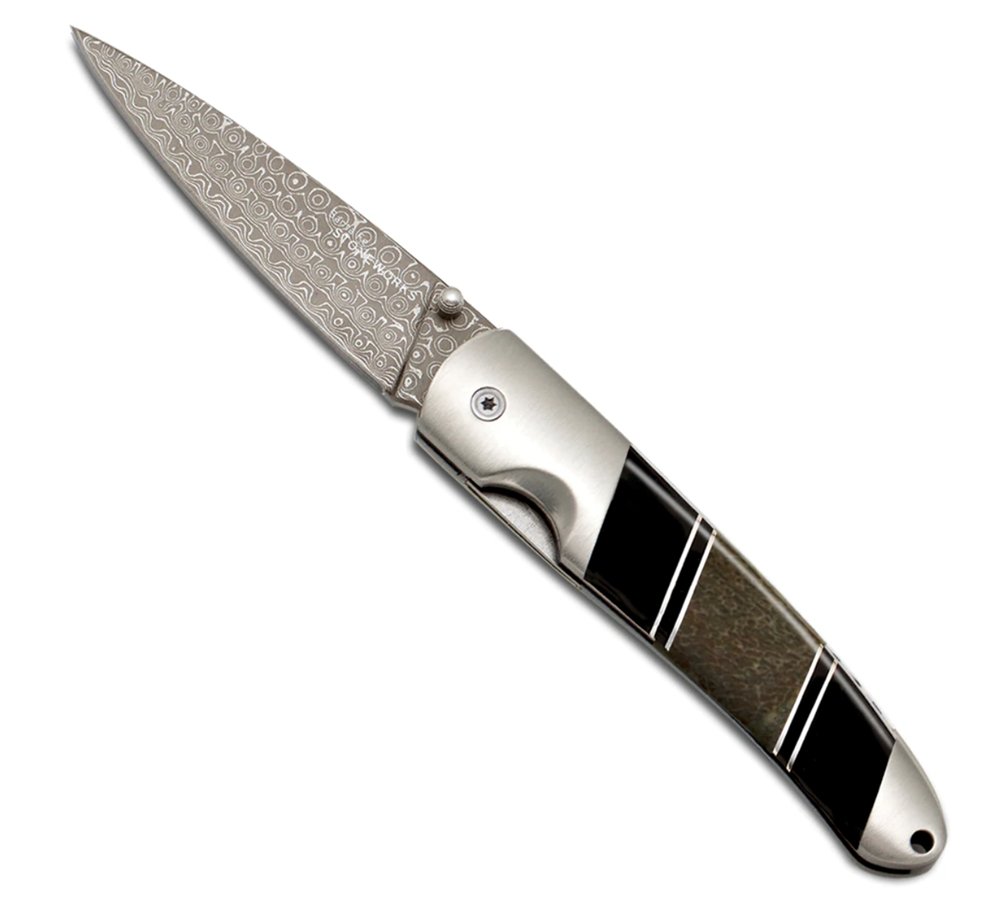 Dinosaur Bone 4" Damascus Steel Double Sided Liner Lock Knife - The Great Republic