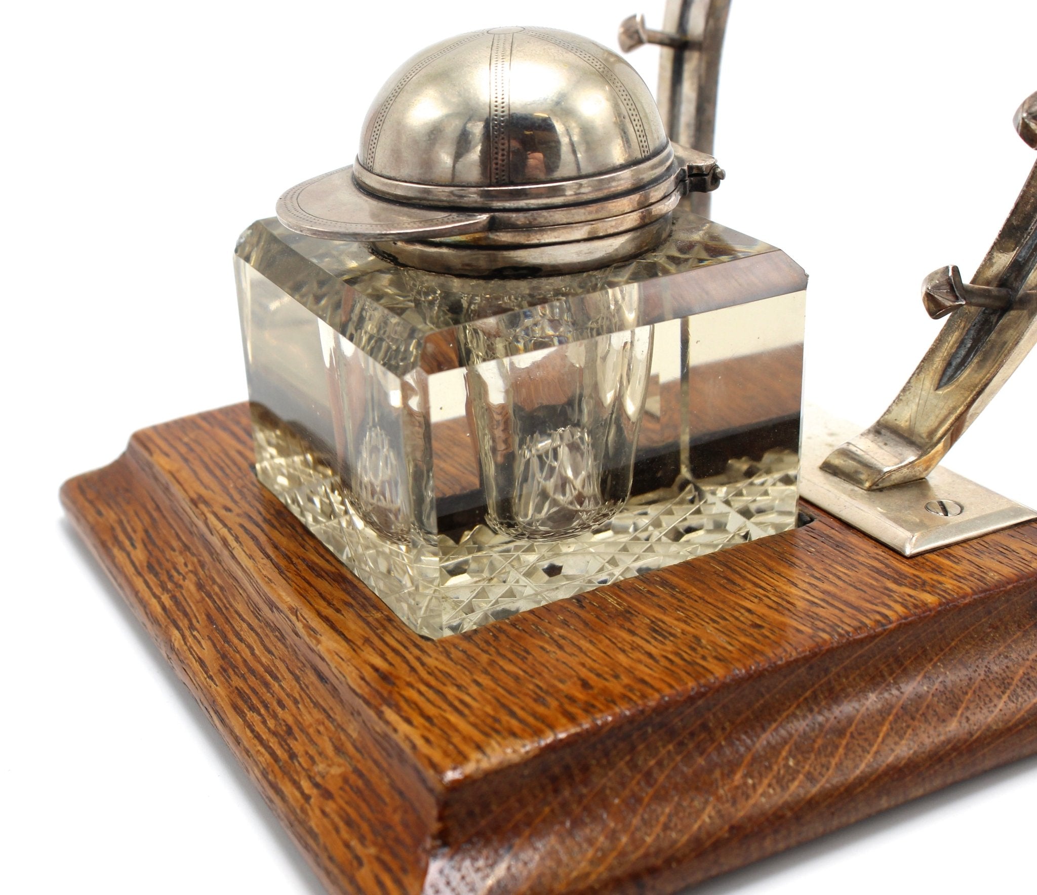 Equestrian - Themed Silver Plated Ink Well and Pen Stand on Oak Base, Circa 1890 - The Great Republic