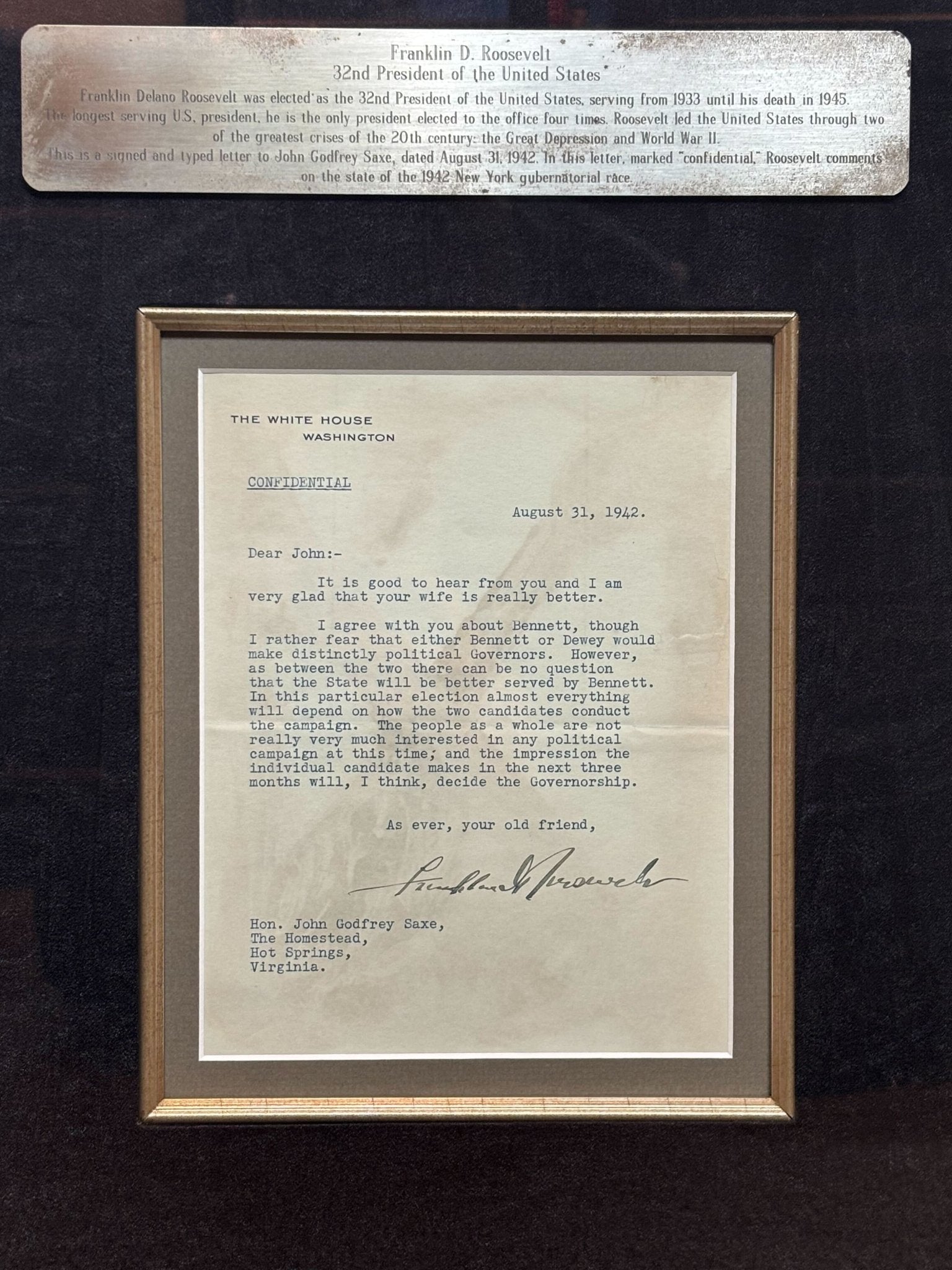 Franklin D. Roosevelt Signed Letter, 1942 - The Great Republic