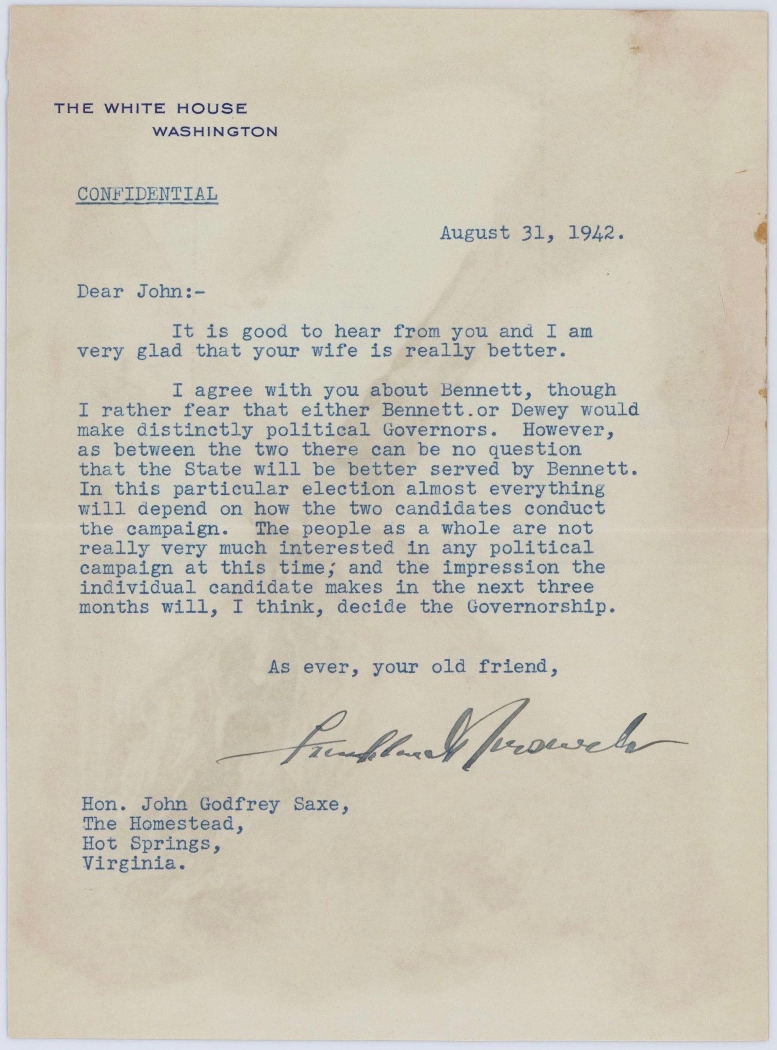 Franklin D. Roosevelt Signed Letter, 1942 - The Great Republic