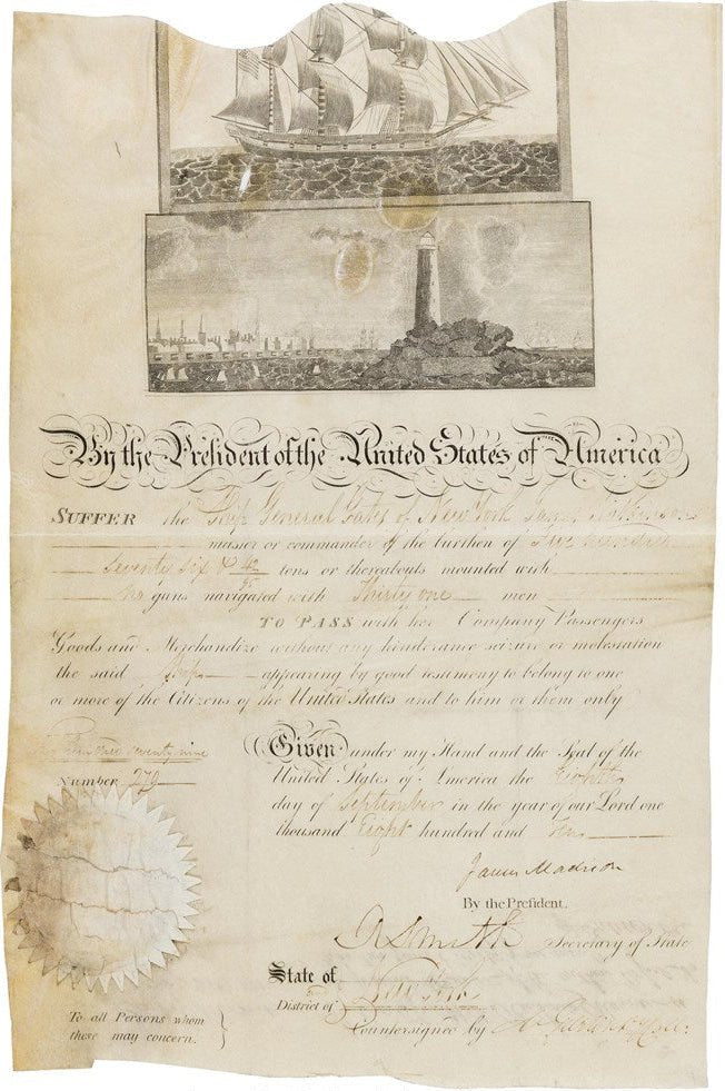 James Madison Signed Scallop Top Ship’s Passport, Dated September 8, 1810 - The Great Republic