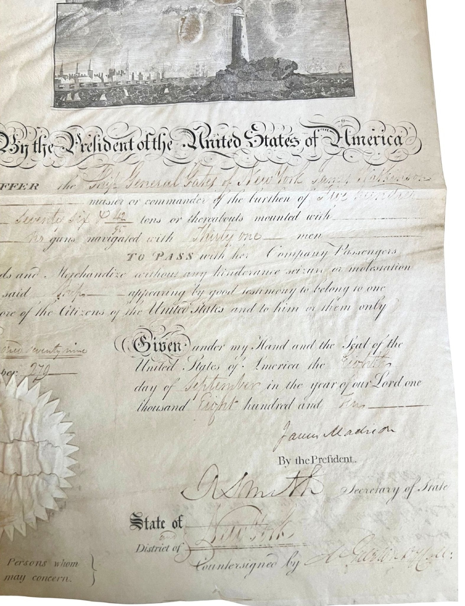 James Madison Signed Scallop Top Ship’s Passport, Dated September 8, 1810 - The Great Republic