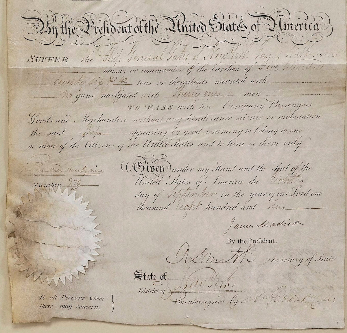 James Madison Signed Scallop Top Ship’s Passport, Dated September 8, 1810 - The Great Republic