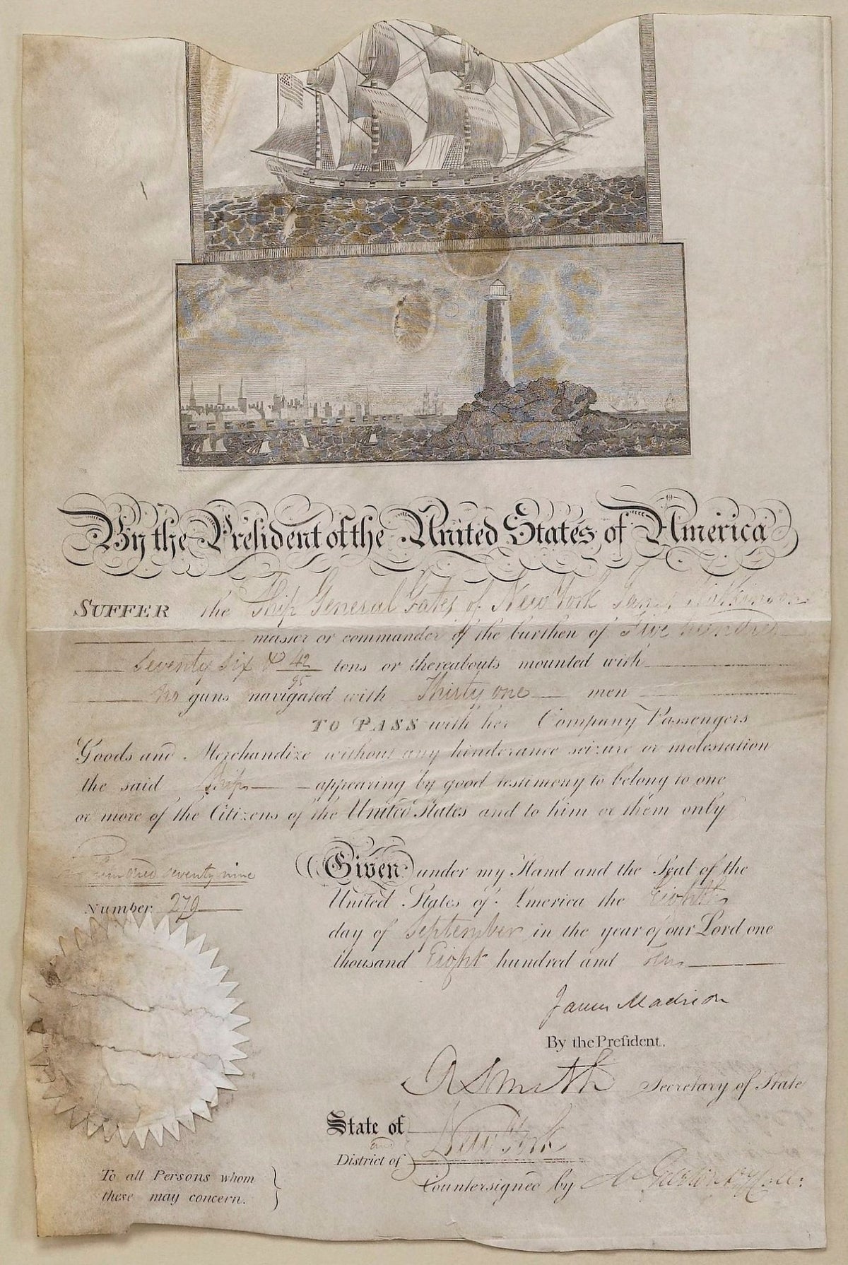 James Madison Signed Scallop Top Ship’s Passport, Dated September 8, 1810 - The Great Republic