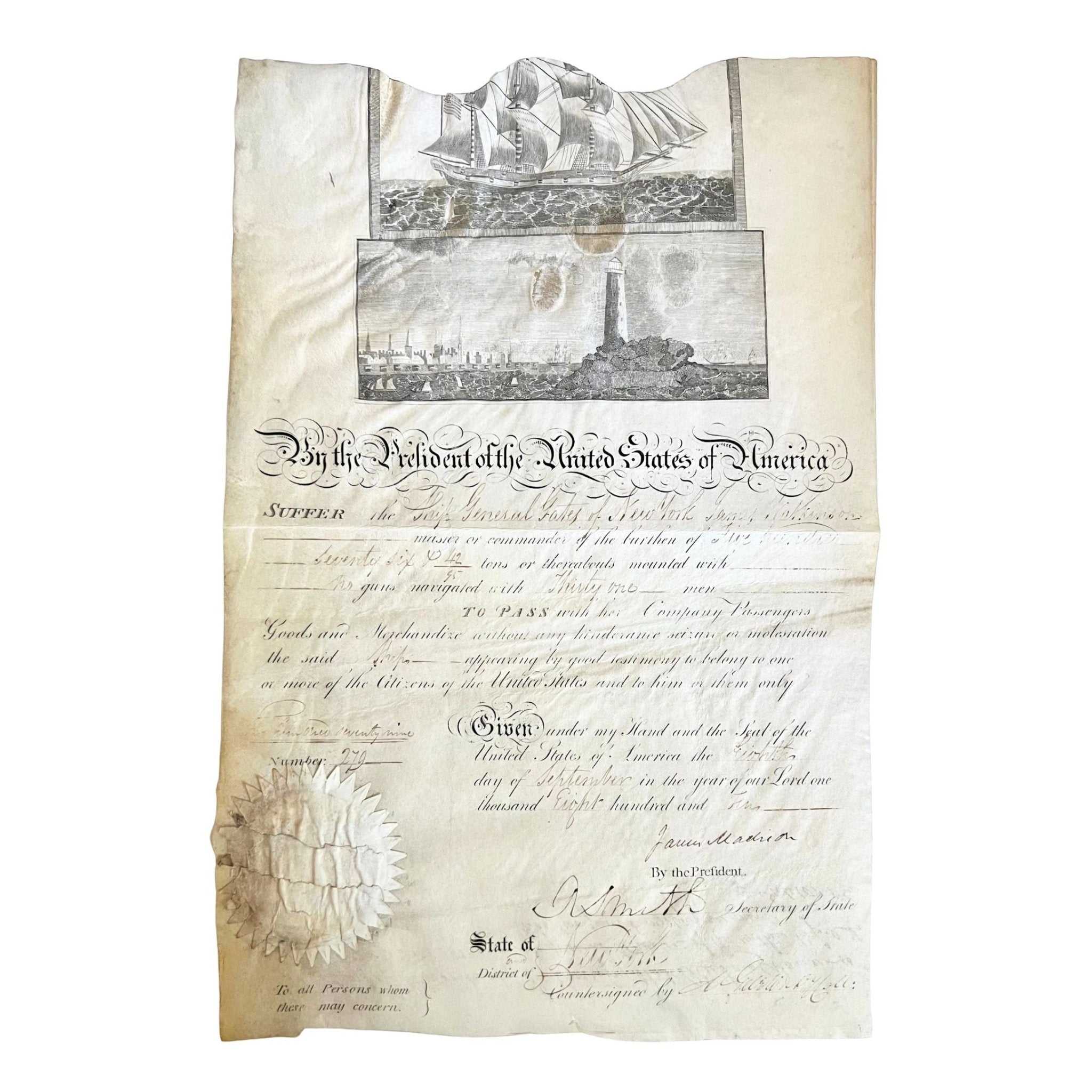James Madison Signed Scallop Top Ship’s Passport, Dated September 8, 1810 - The Great Republic