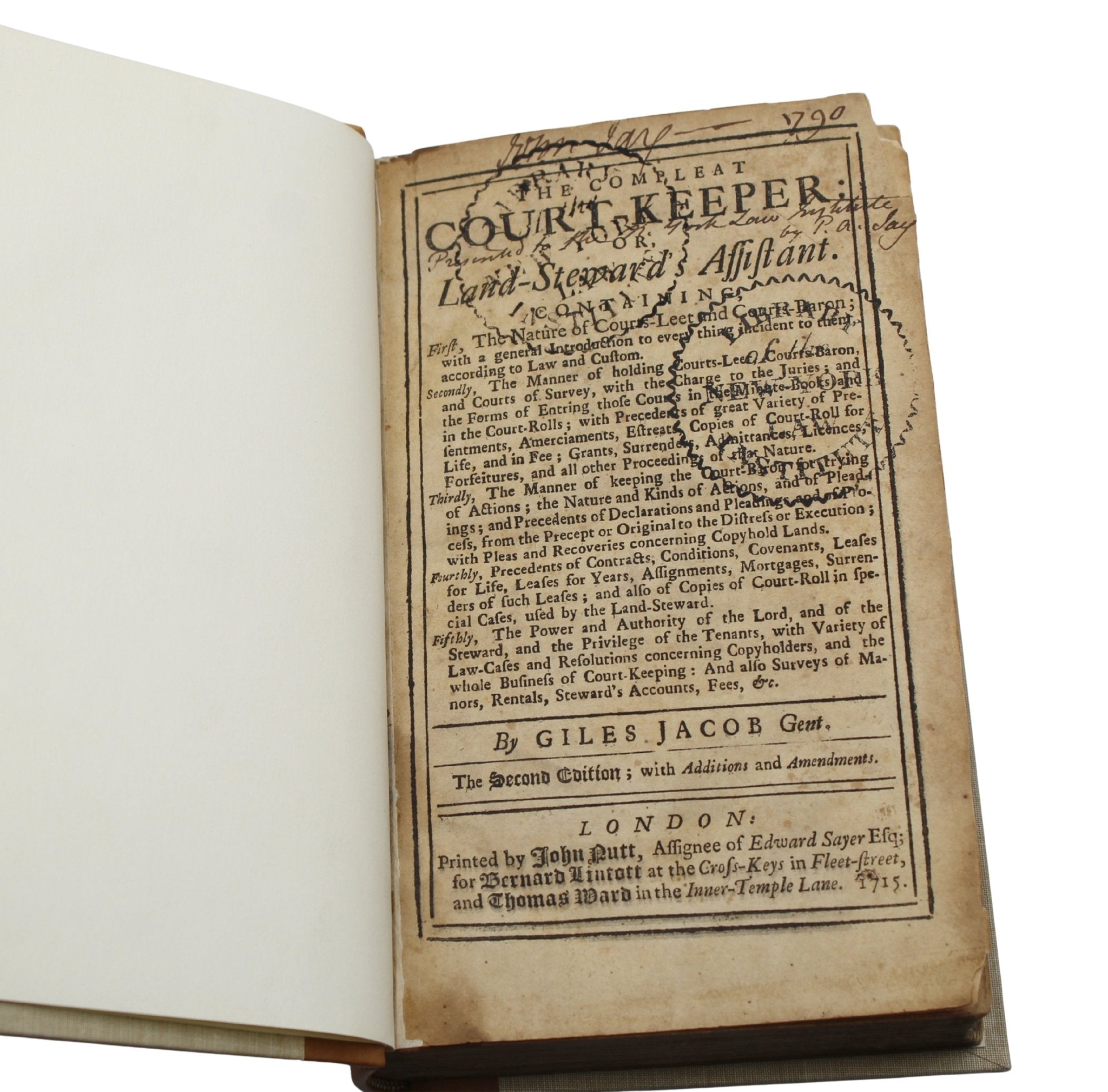 John Jay's Signed Copy of The Compleat Court Keeper; or, Land - Steward’s Assistant by Giles Jacob, Second Edition, 1715 - The Great Republic