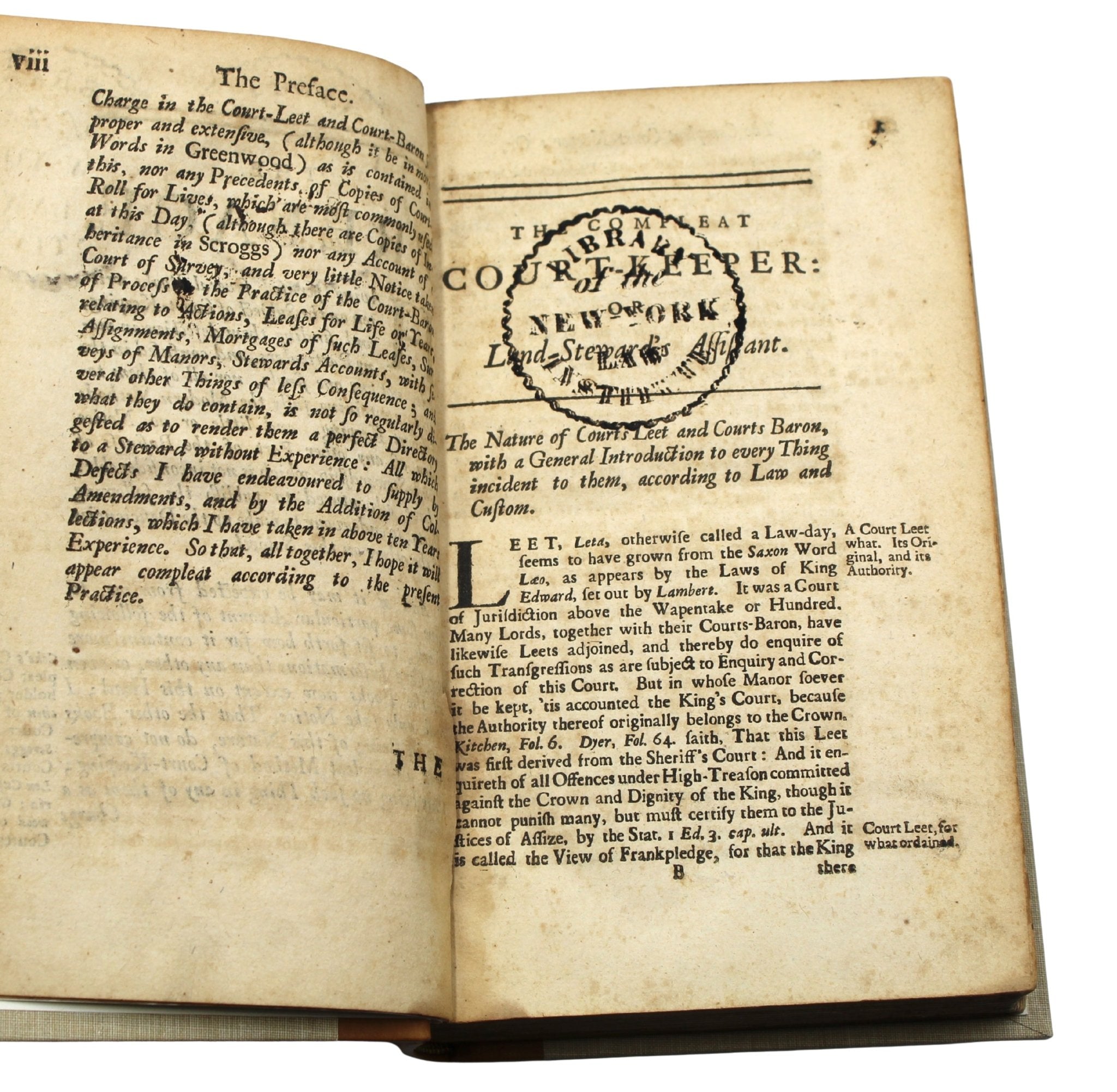 John Jay's Signed Copy of The Compleat Court Keeper; or, Land - Steward’s Assistant by Giles Jacob, Second Edition, 1715 - The Great Republic