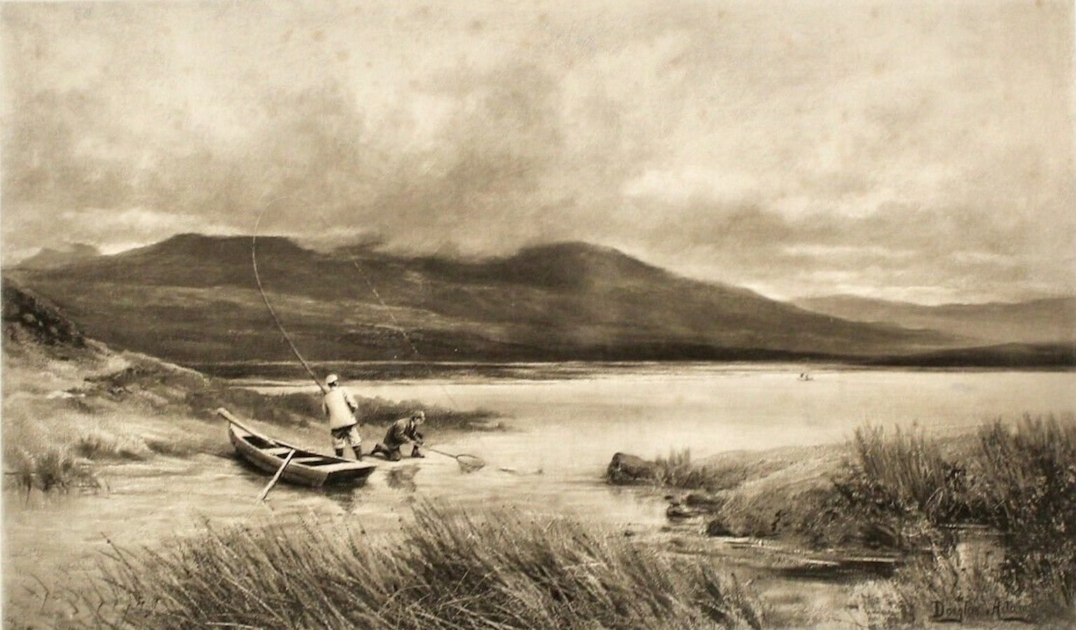 "Landing The Salmon" by Douglas Adams, Fishing Print, 1893 - The Great Republic