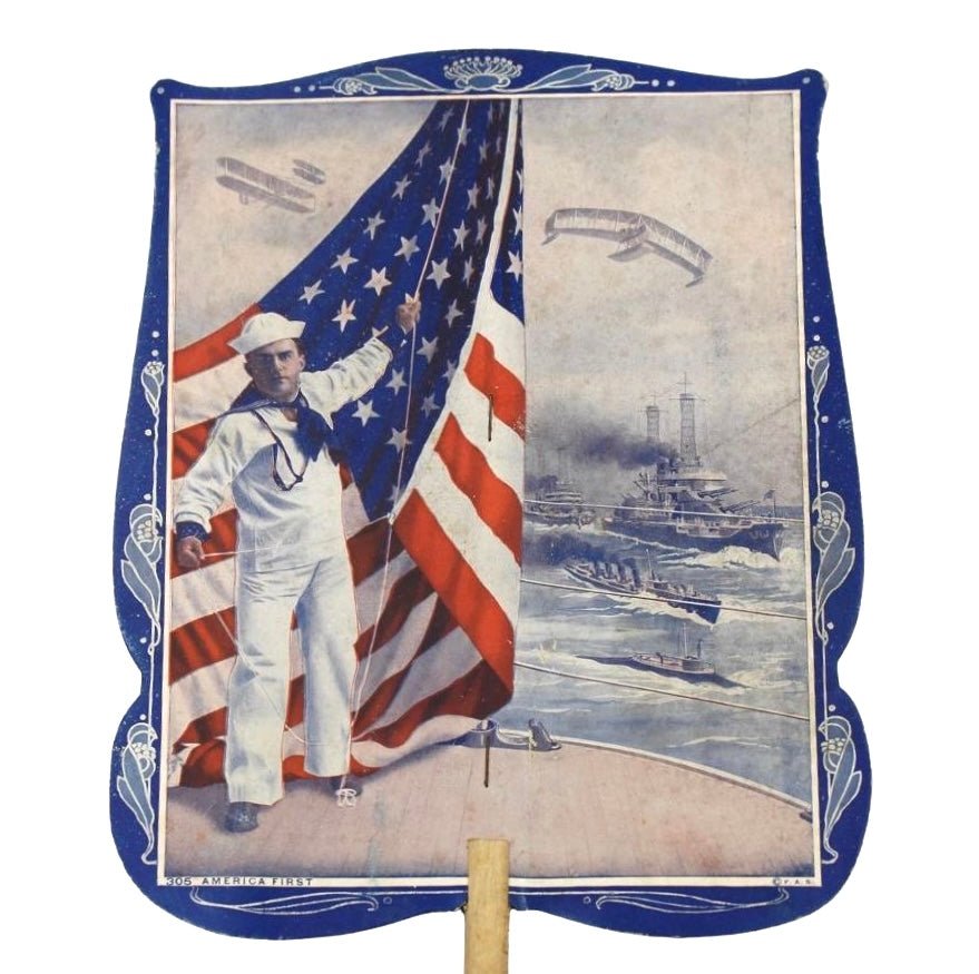 Navy "America First" Patriotic Printed Paddle Fan, Early 20th Century - The Great Republic