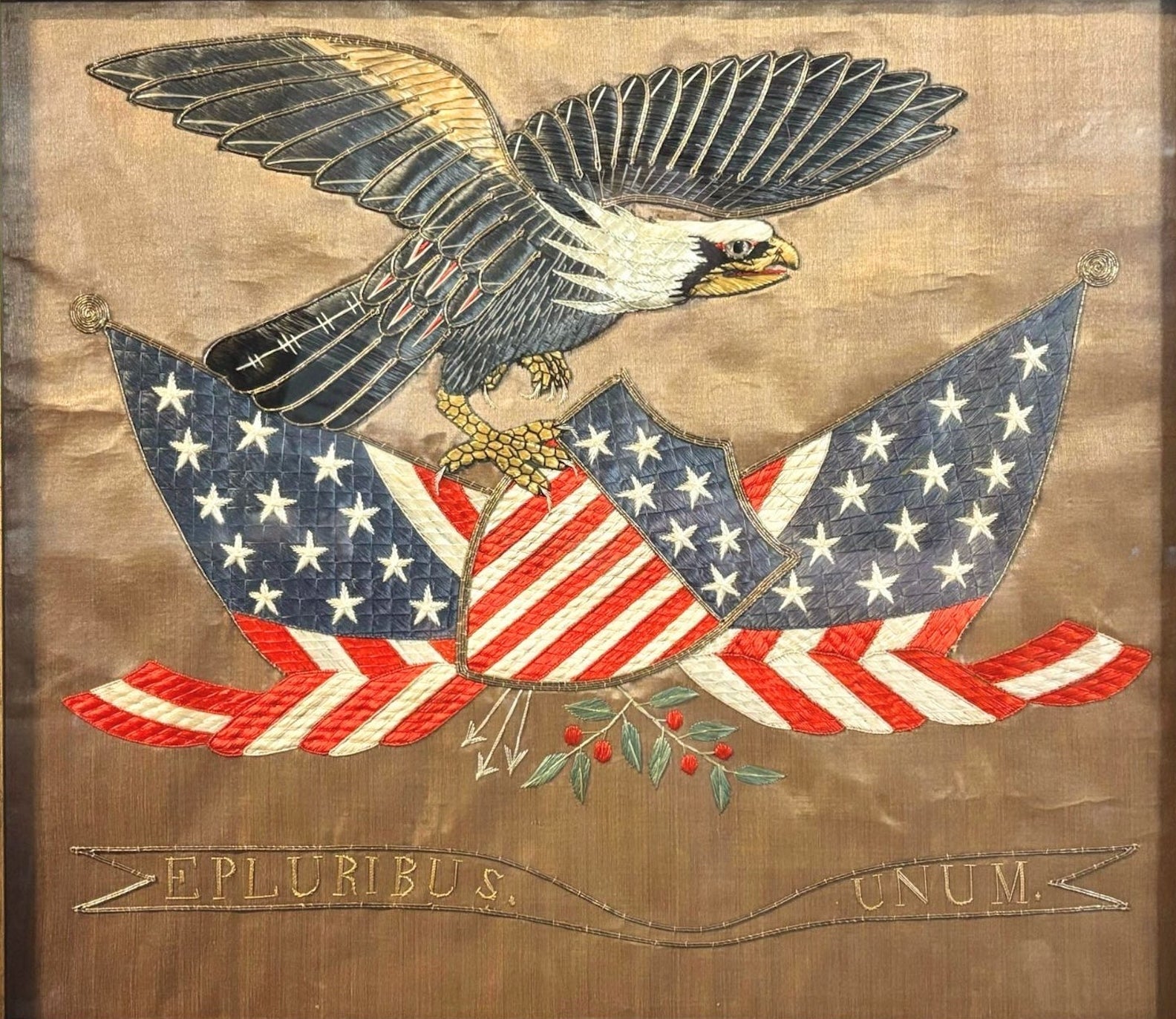 Patriotic "E Pluribus Unum" Eagle Silk and Metallic Embroidered Needlework, Late 19th Century - The Great Republic