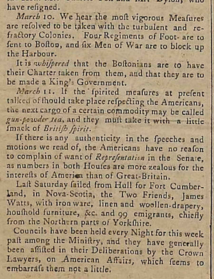 "Postscript to The Massachusetts Spy, or Thomas’s Boston Journal" Issued May 5, 1774 - The Great Republic