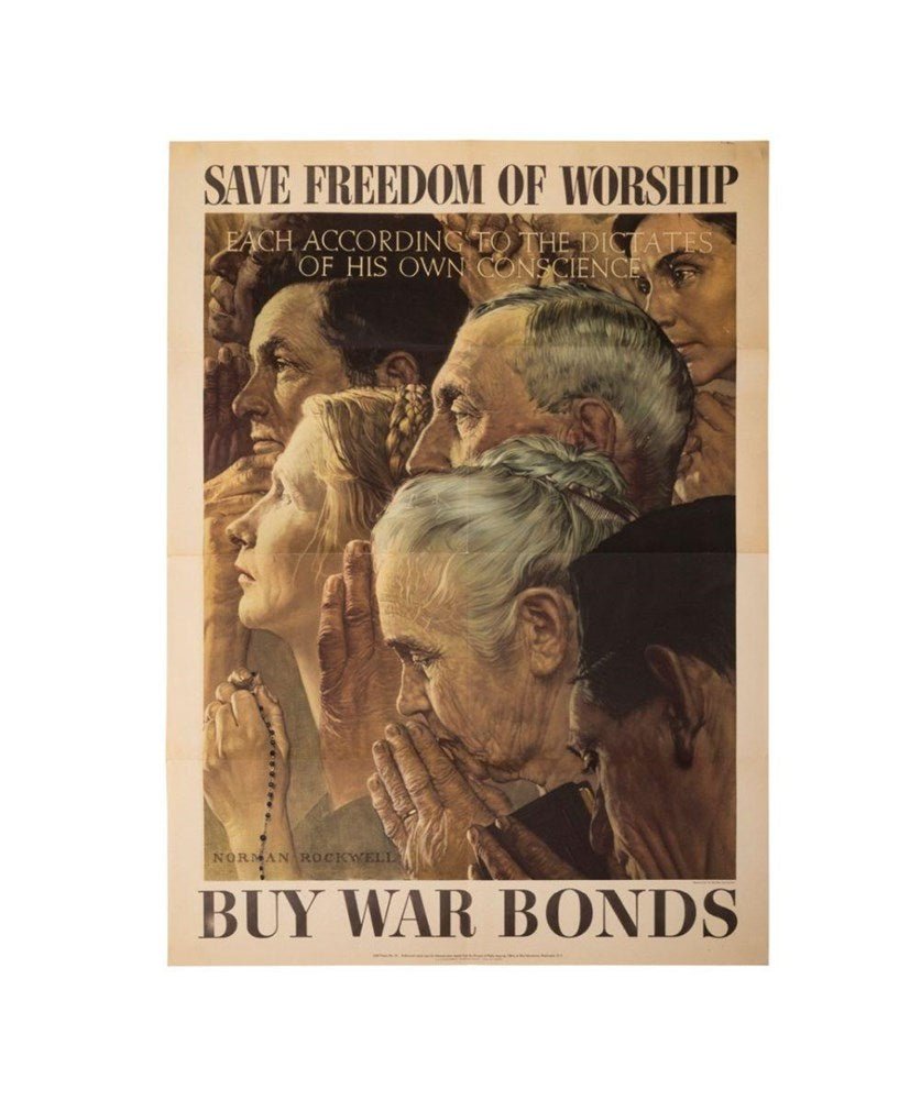 "Save Freedom of Worship. Buy War Bonds" Vintage WWII Poster by Norman Rockwell, 1943 - The Great Republic