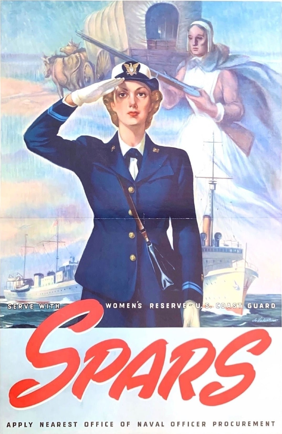 "Serve with Women's Reserve U.S. Coast Guard. SPARS" Vintage WWII Recruitment Poster by Jo Valentine - The Great Republic