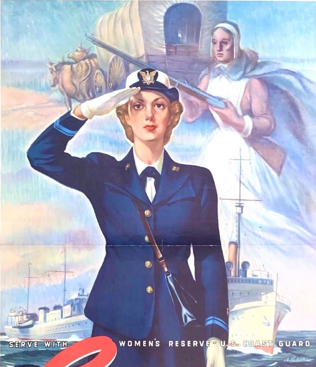 "Serve with Women's Reserve U.S. Coast Guard. SPARS" Vintage WWII Recruitment Poster by Jo Valentine - The Great Republic