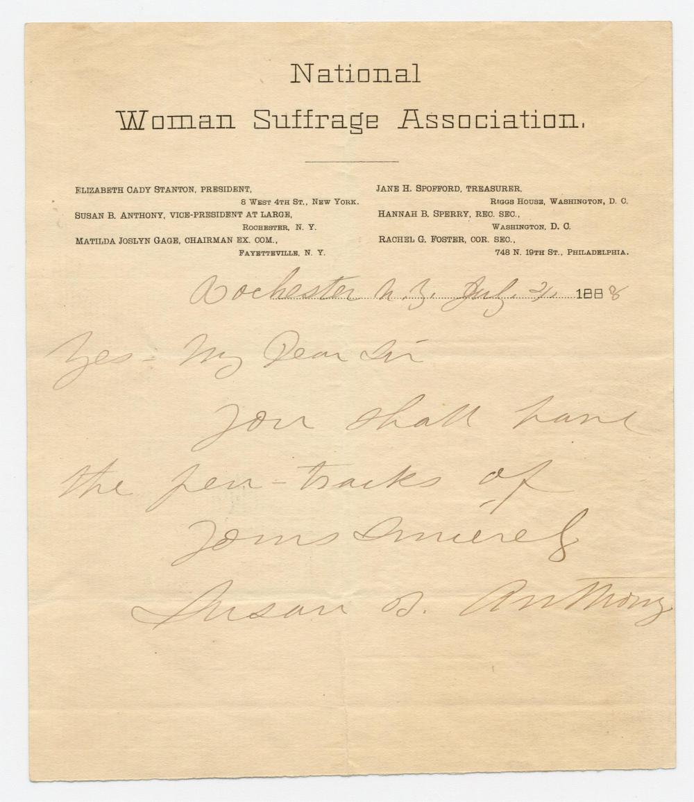 Susan B. Anthony Signed Handwritten Letter, Dated July 21, 1888 - The Great Republic