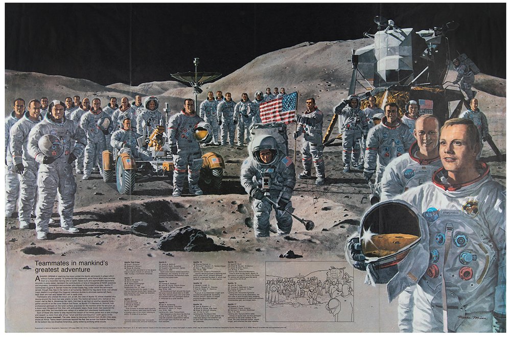 "Teammates in Mankind's Greatest Adventure" Apollo Crew Poster by National Geographic, Signed by Gene Cernan, Dave Scott, Ron Evans, and Tom Stafford, 1973 - The Great Republic