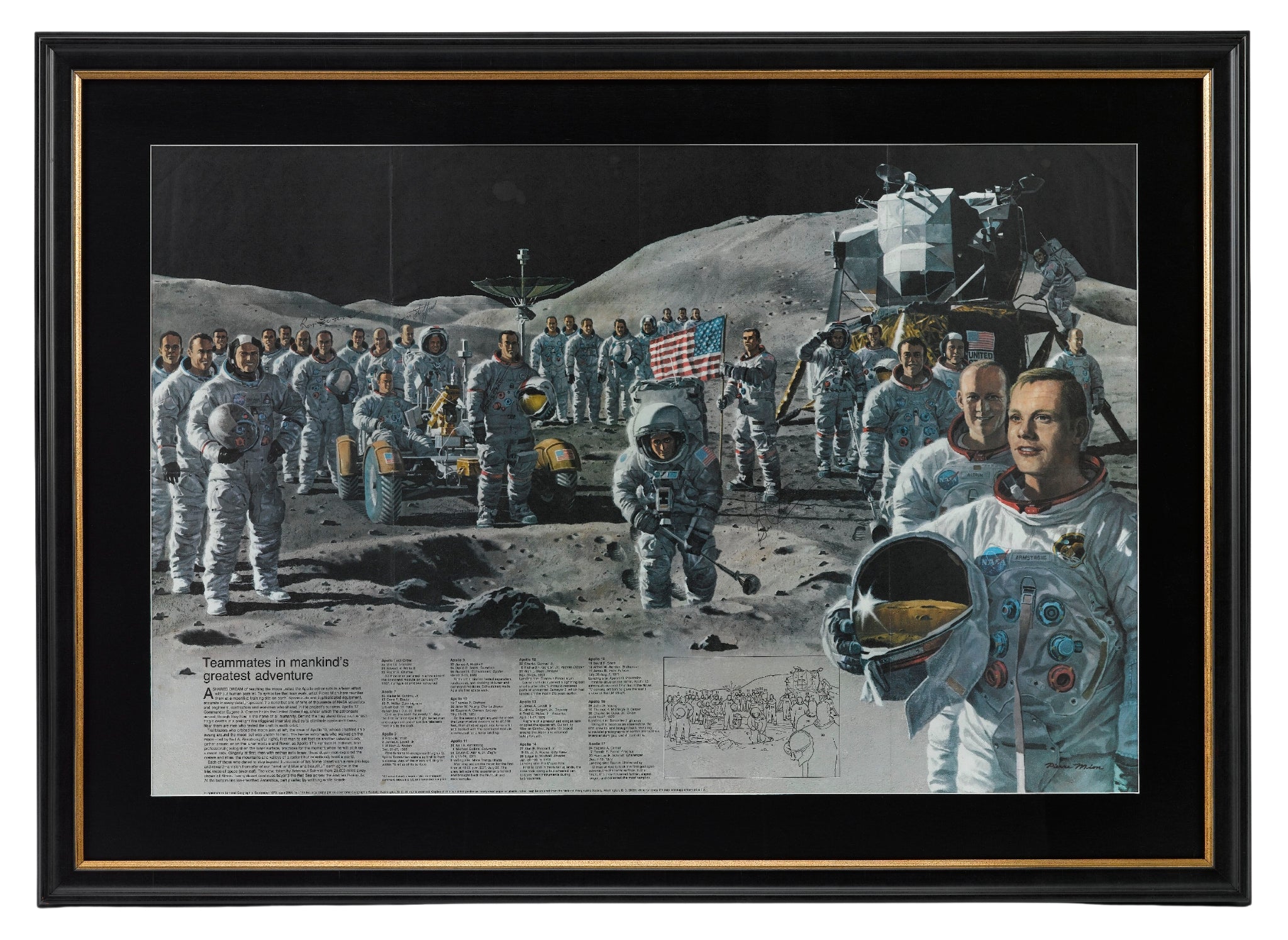 "Teammates in Mankind's Greatest Adventure" Apollo Crew Poster by National Geographic, Signed by Gene Cernan, Dave Scott, Ron Evans, and Tom Stafford, 1973 - The Great Republic