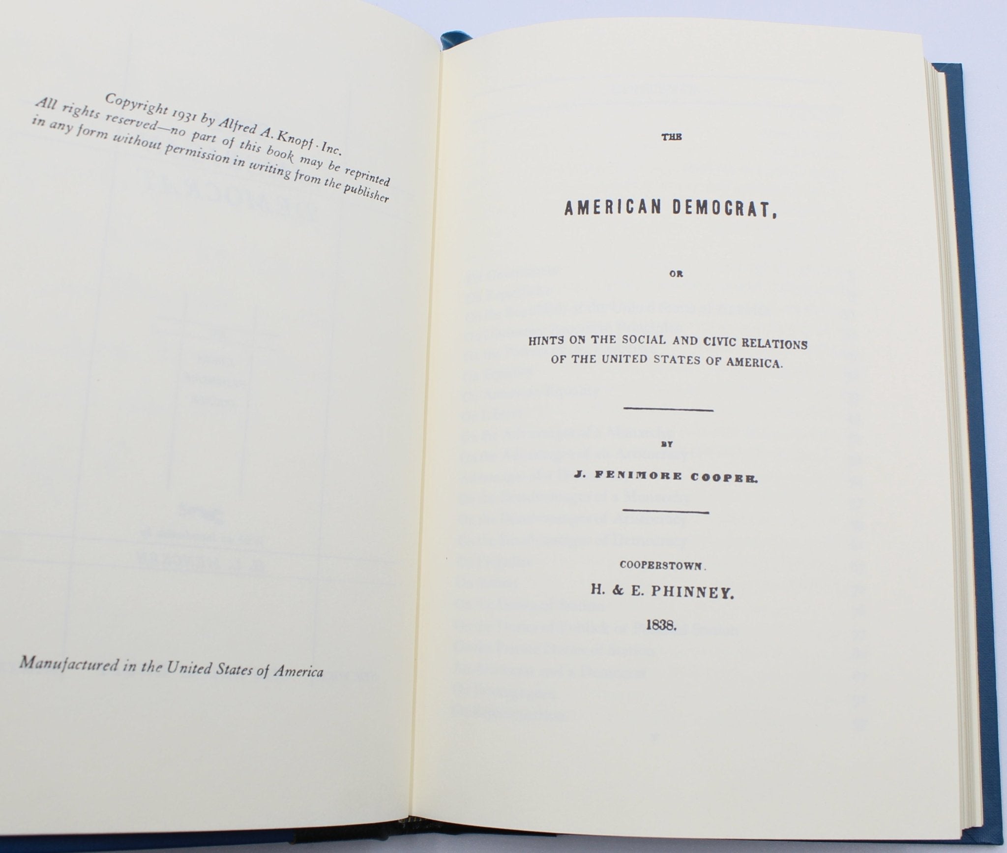 The American Democrat by James Fenimore Cooper, Classics of Liberty Library Edition, 2003 - The Great Republic
