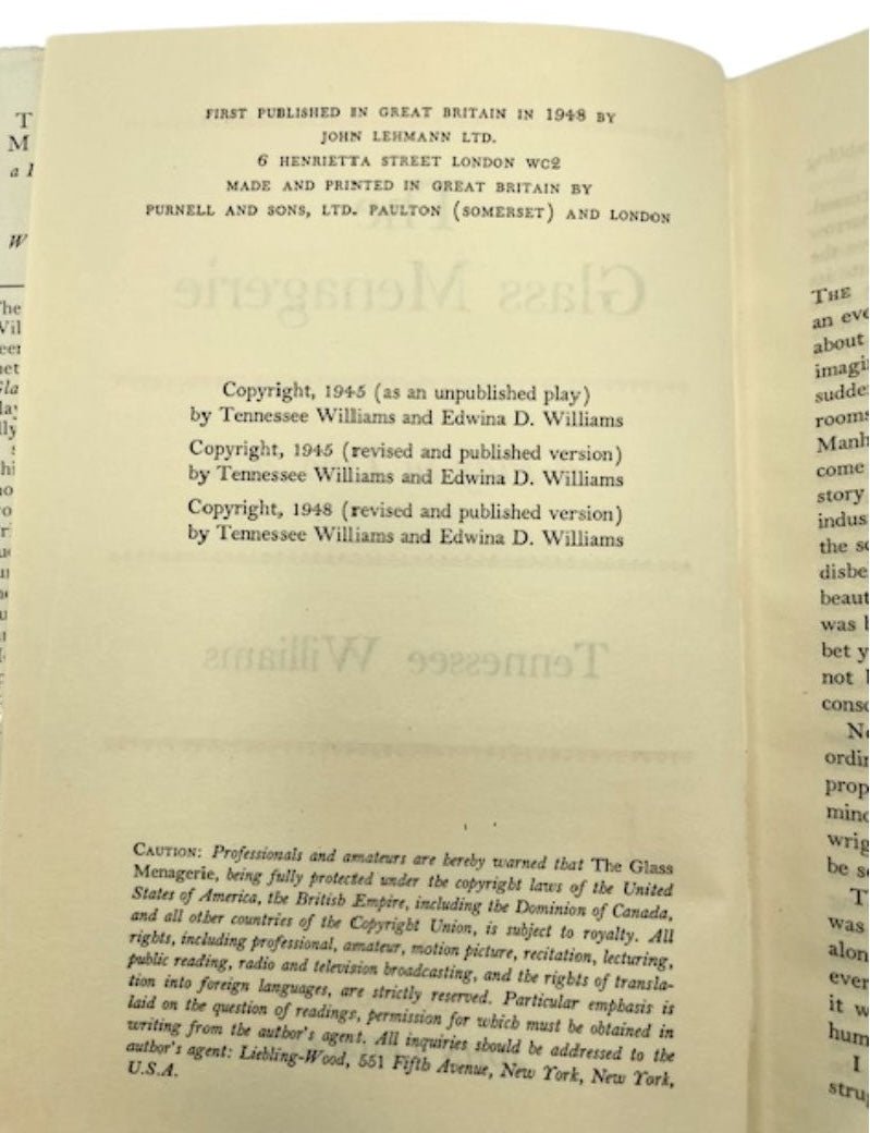 The Glass Menagerie: A Play in Two Acts by Tennessee Williams, First UK Edition, 1948 - The Great Republic