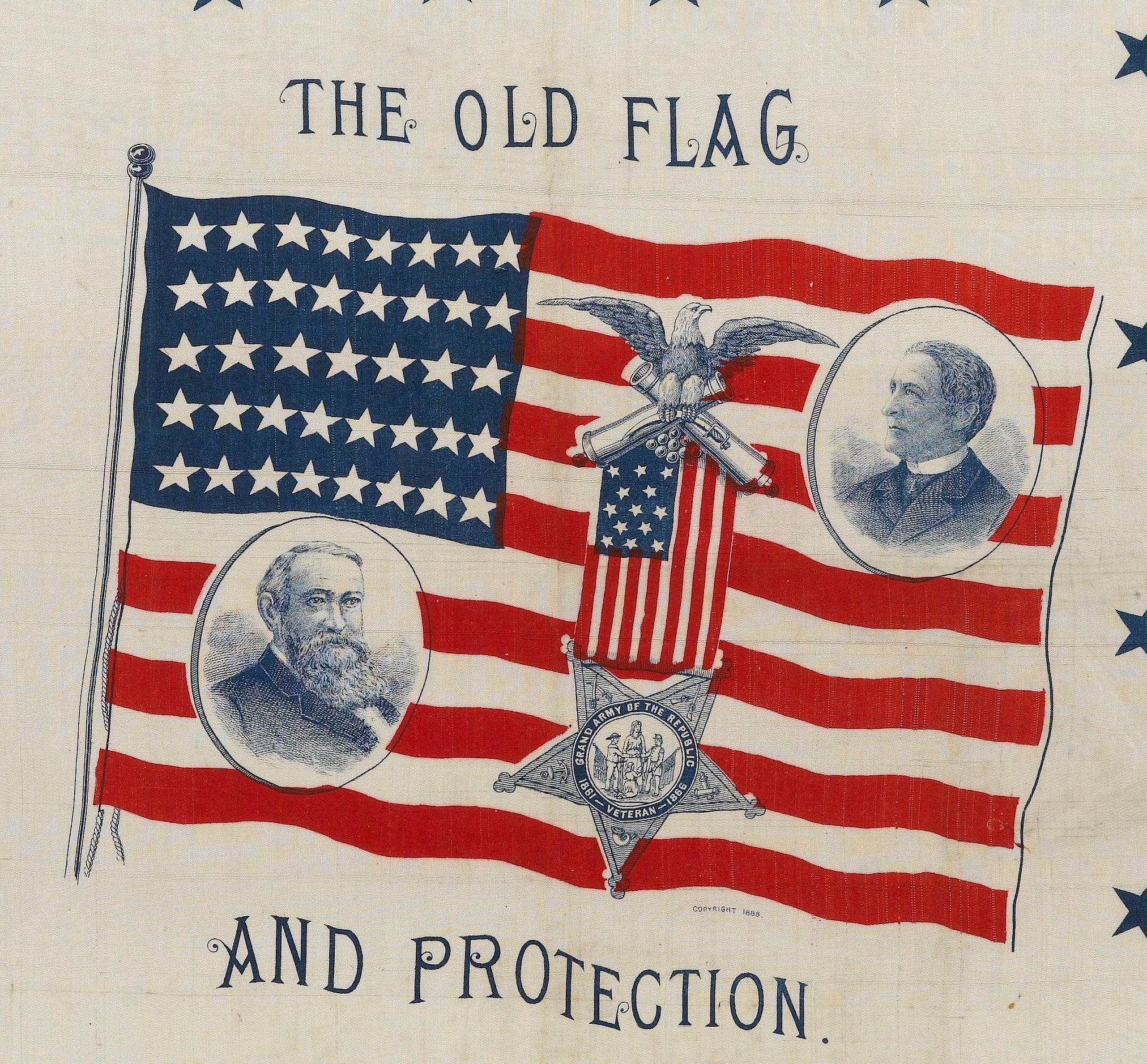 "The Old Flag and Protection" Benjamin Harrison Campaign Handkerchief, 1888 - The Great Republic