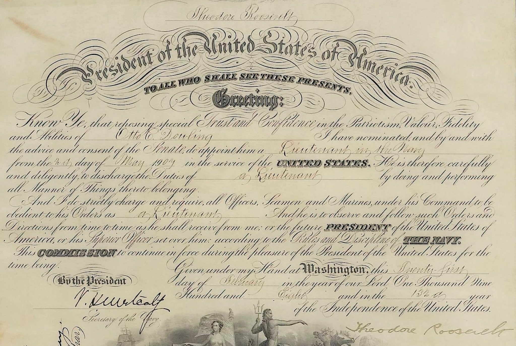 Theodore Roosevelt Signed Presidential Appointment, Dated February 27, 1908 - The Great Republic