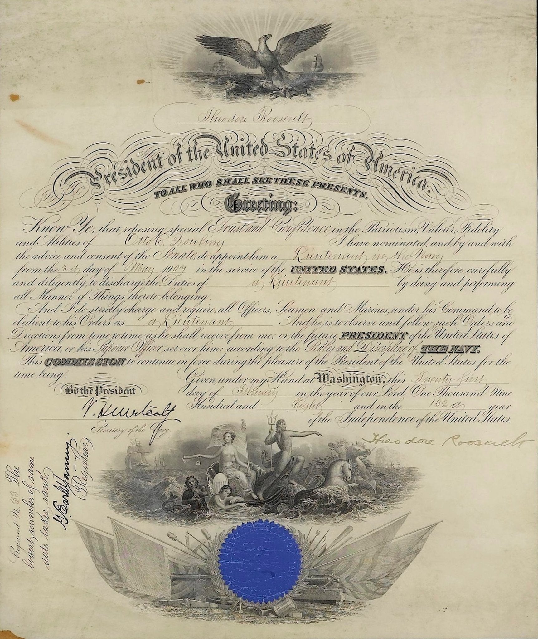 Theodore Roosevelt Signed Presidential Appointment, Dated February 27, 1908 - The Great Republic