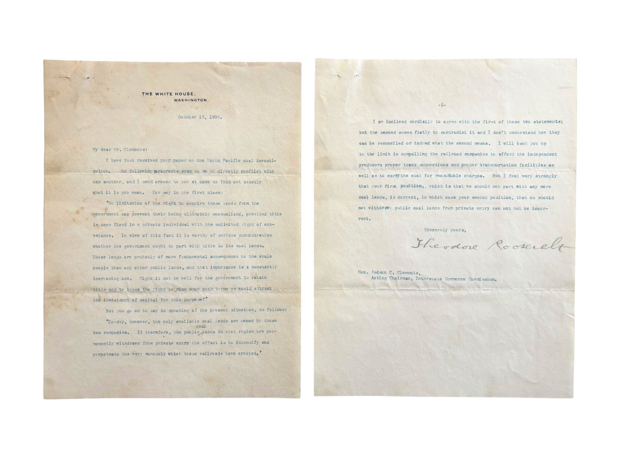 Theodore Roosevelt Signed Typed Letter, Dated October 13, 1906 - The Great Republic