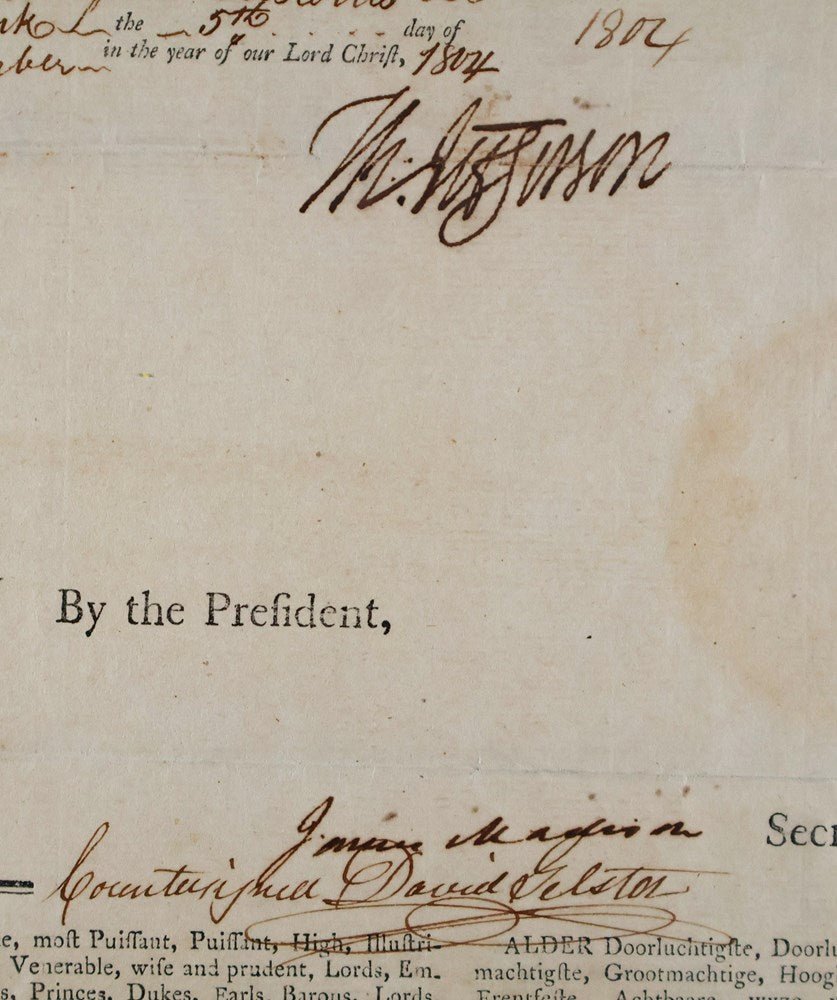 Thomas Jefferson and James Madison Ship's Passport Signed, November 5, 1804, for "New York Packet" - The Great Republic