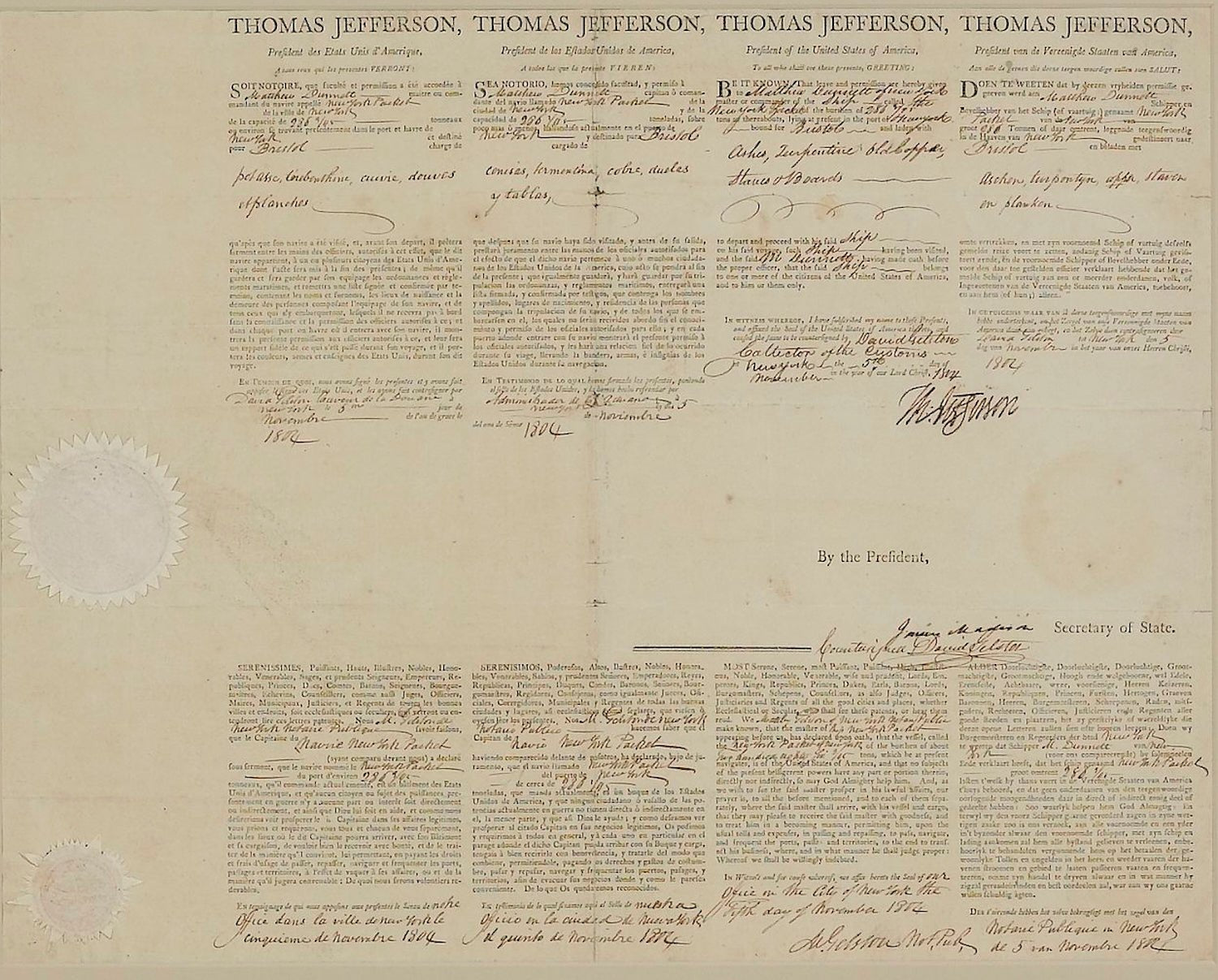 Thomas Jefferson and James Madison Ship's Passport Signed, November 5, 1804, for "New York Packet" - The Great Republic