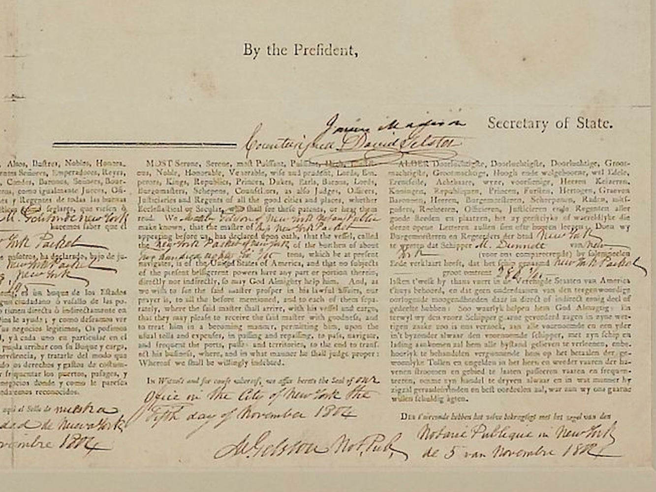 Thomas Jefferson and James Madison Ship's Passport Signed, November 5, 1804, for "New York Packet" - The Great Republic