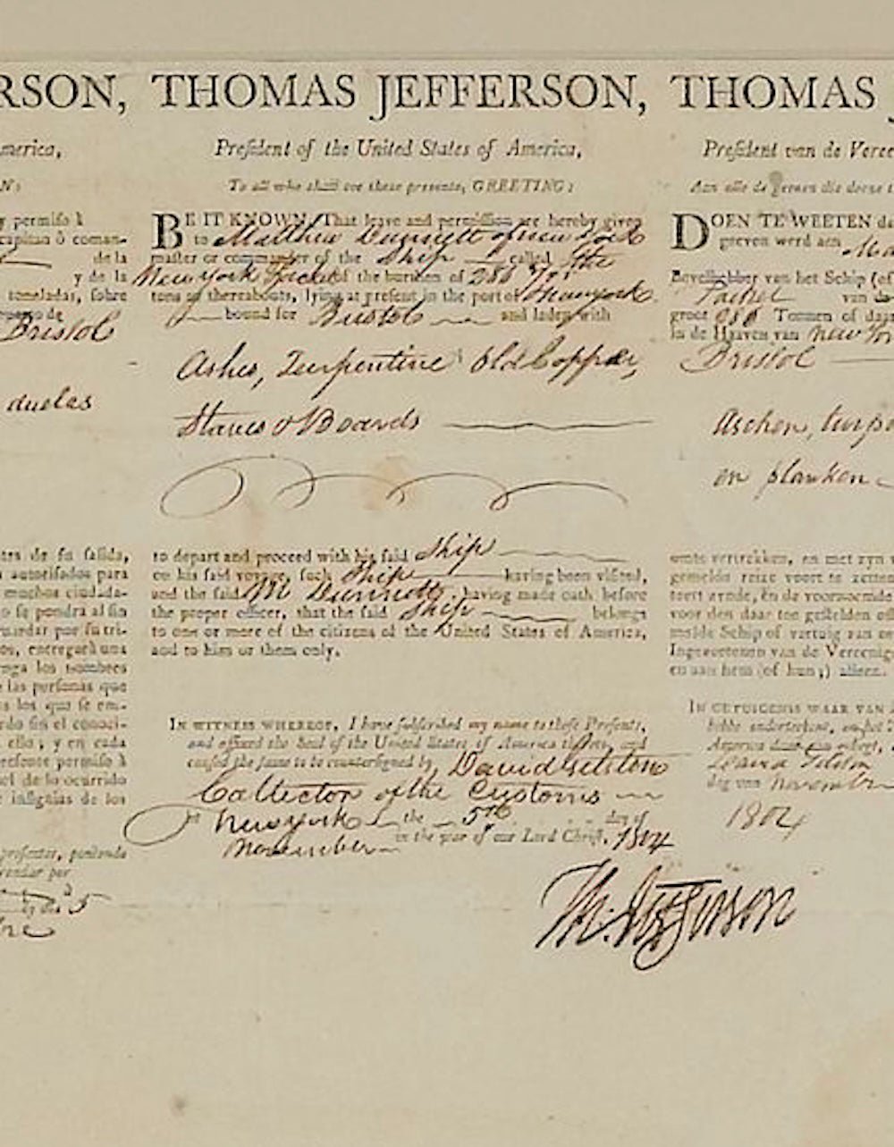Thomas Jefferson and James Madison Ship's Passport Signed, November 5, 1804, for "New York Packet" - The Great Republic