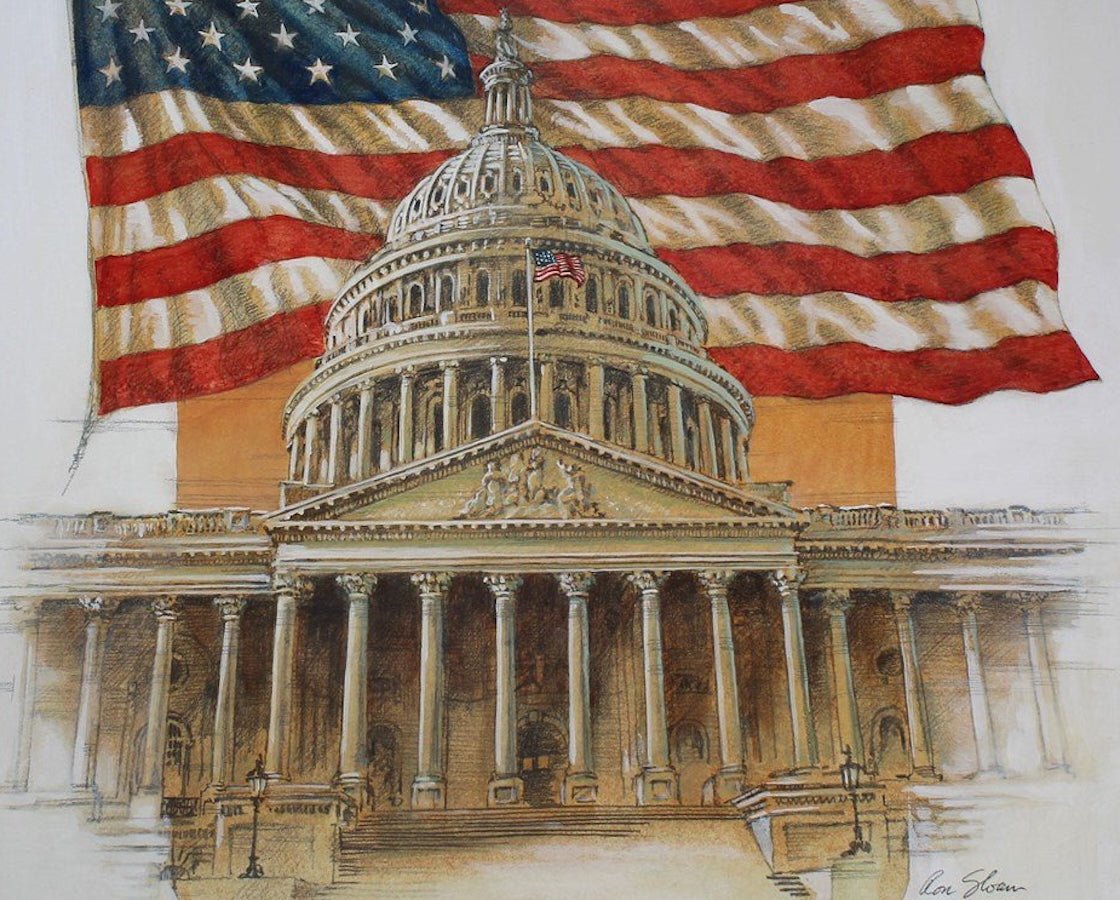 "U.S. Flag Behind Capitol" by Ron Sloan, Mixed Media Painting on Illustration Board, 1985 - The Great Republic