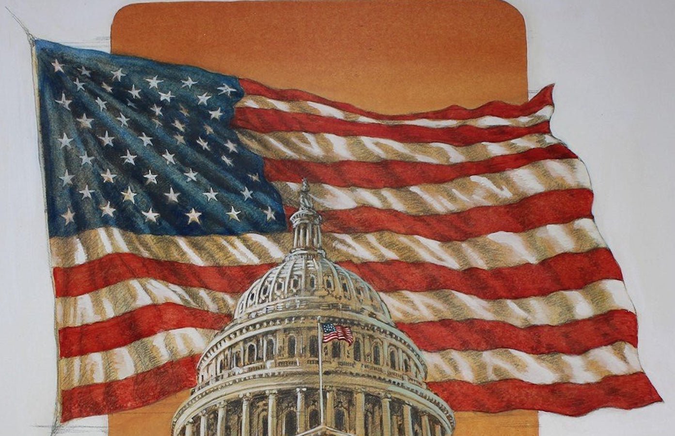 "U.S. Flag Behind Capitol" by Ron Sloan, Mixed Media Painting on Illustration Board, 1985 - The Great Republic