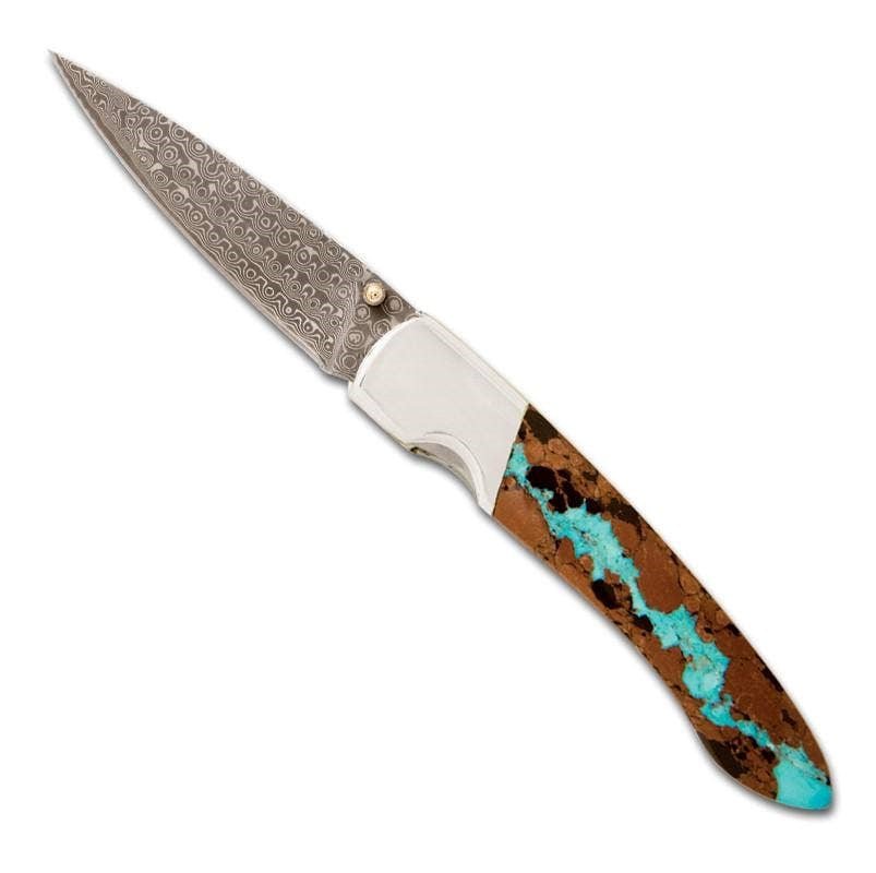 Vein Turquoise Collection 4" Damascus Steel Single Sided Liner Lock Pocket Knife - The Great Republic