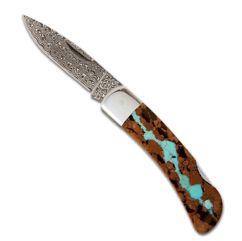 Vein Turquoise Collection 3" Damascus Steel Single Sided Lockback Pocket Knife