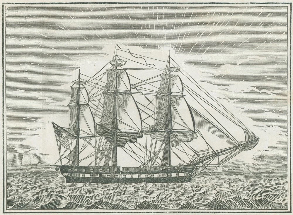"View of the United States’ Frigate Constitution, Engraved Upon a Piece of Wood Taken from One of Her Live Oak Knees in 1833" Wood Engraving, 1834 - The Great Republic