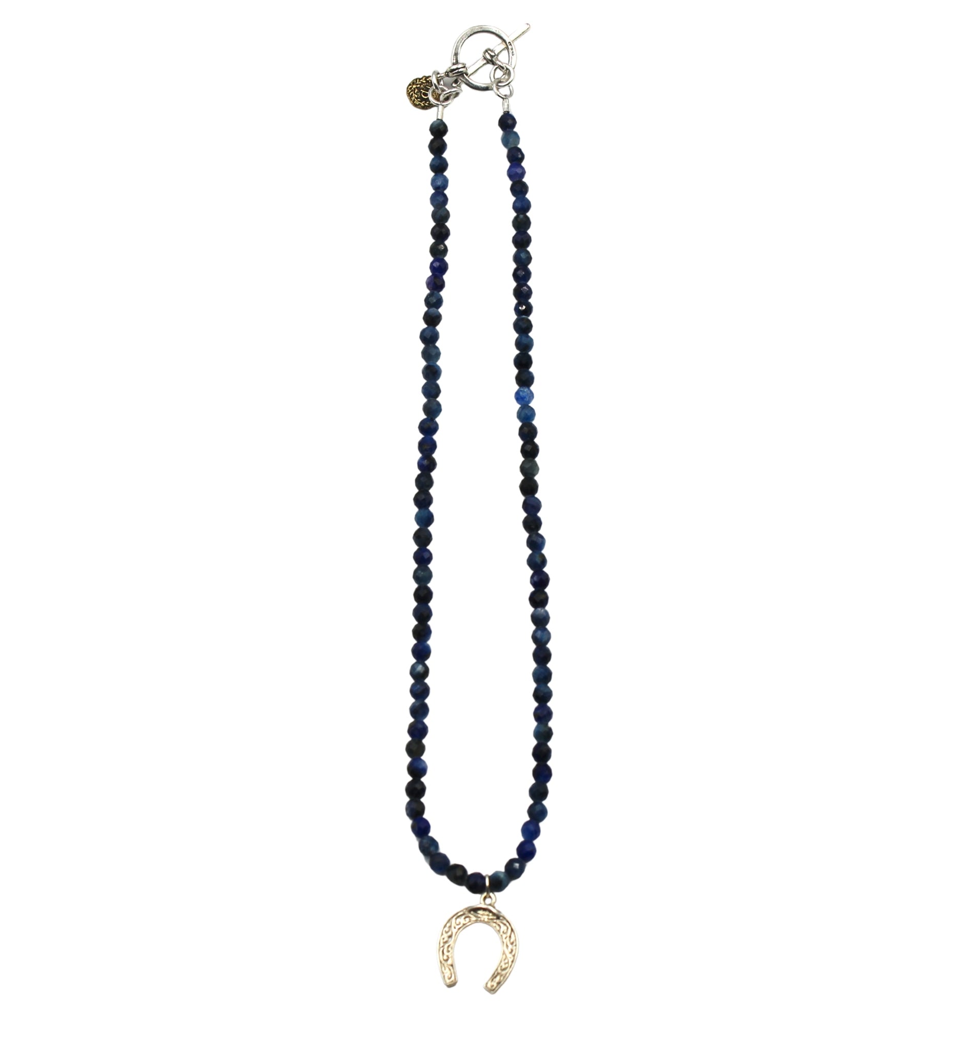 Vintage 1970’s Sterling Silver Horseshoe Charm on Faceted Cerulean Necklace - The Great Republic