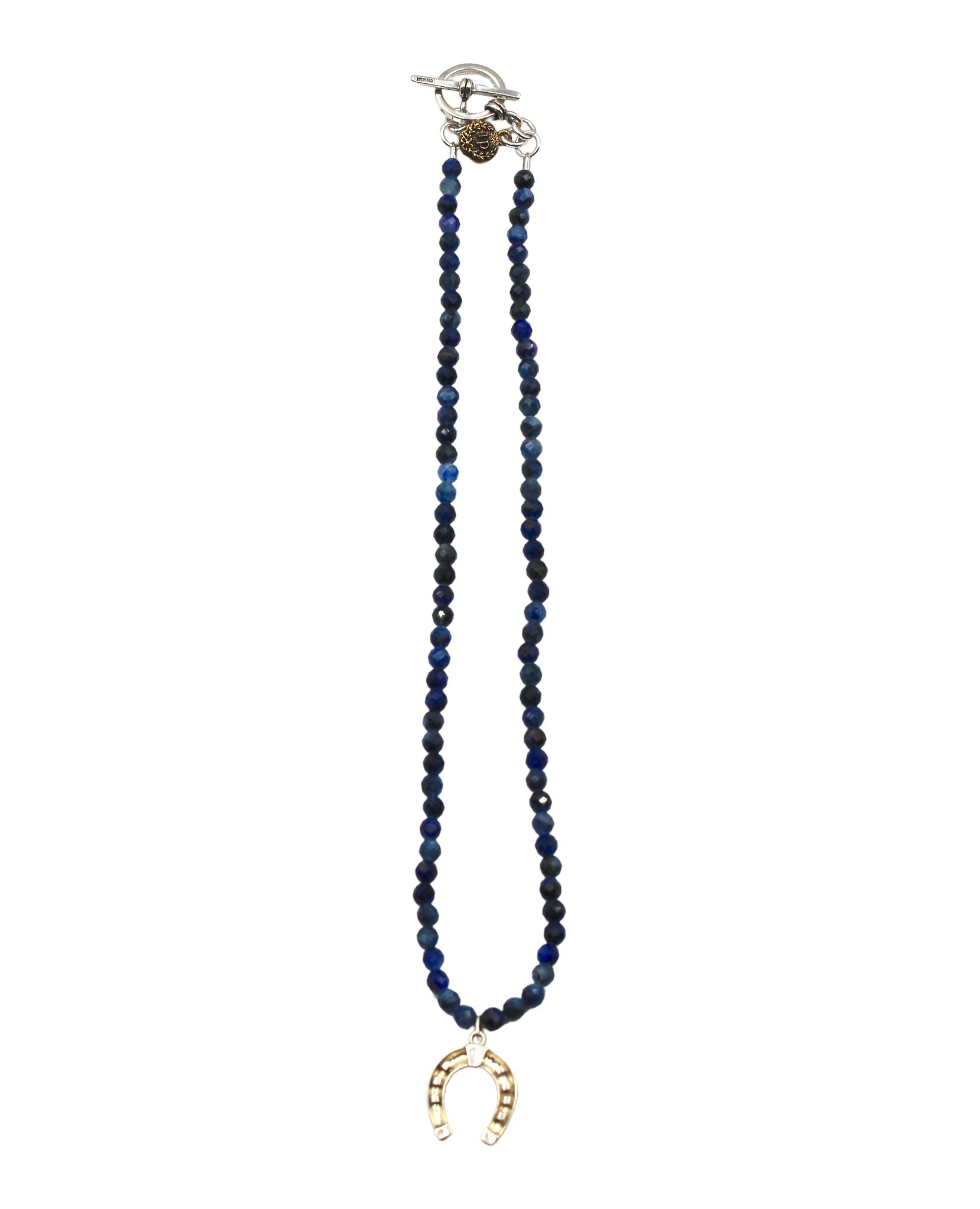 Vintage 1970’s Sterling Silver Horseshoe Charm on Faceted Cerulean Necklace - The Great Republic