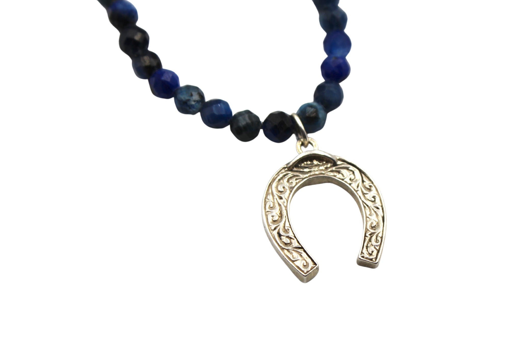 Vintage 1970’s Sterling Silver Horseshoe Charm on Faceted Cerulean Necklace - The Great Republic