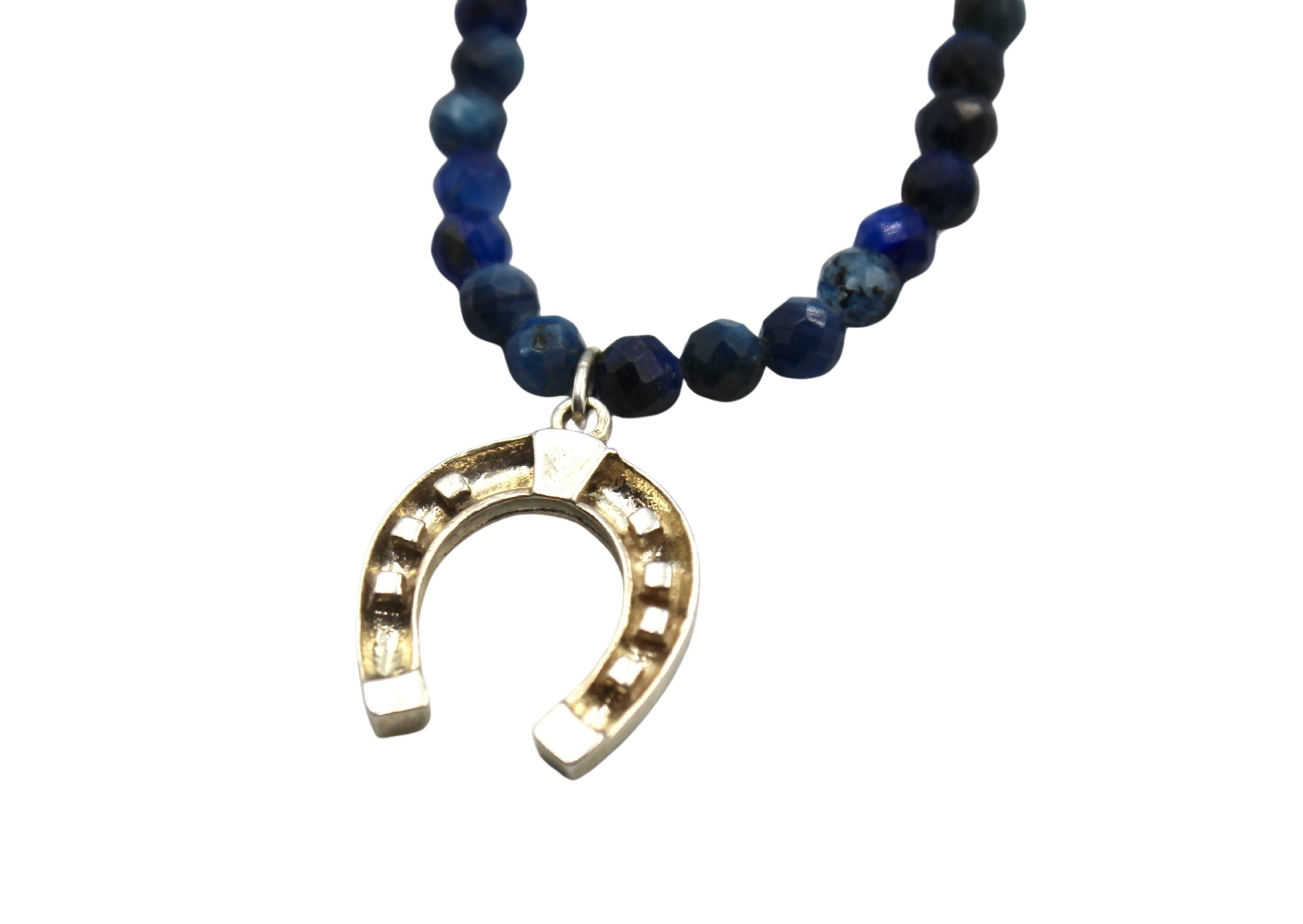 Vintage 1970’s Sterling Silver Horseshoe Charm on Faceted Cerulean Necklace - The Great Republic