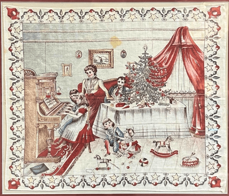 Vintage Christmas Scene Handkerchief, Printed on Cotton, Circa 1890 - 1915 - The Great Republic