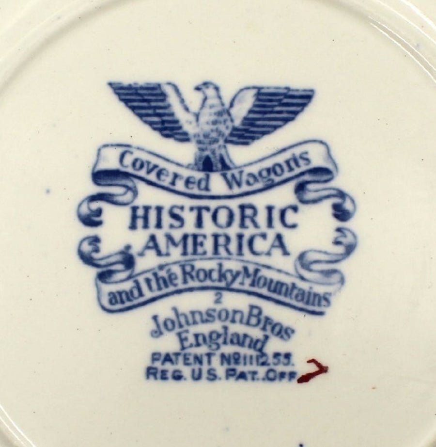 Vintage "Covered Wagons and the Rocky Mountains" Blue Transferware Bread Plate by Johnson Brothers, c. 1938 - The Great Republic