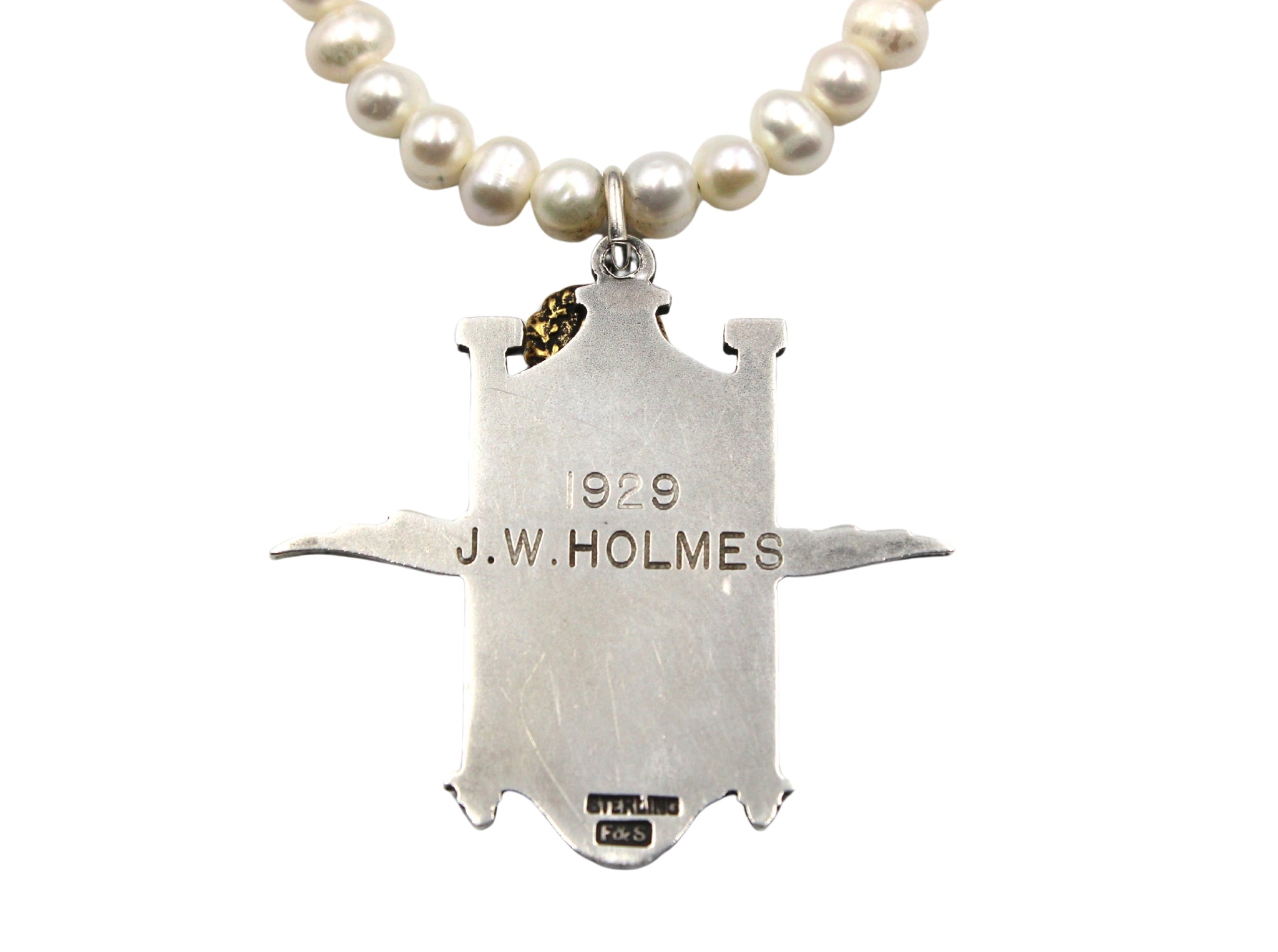 Vintage Scottish Sterling Silver Motor Club Medal on Freshwater Pearl Necklace - The Great Republic