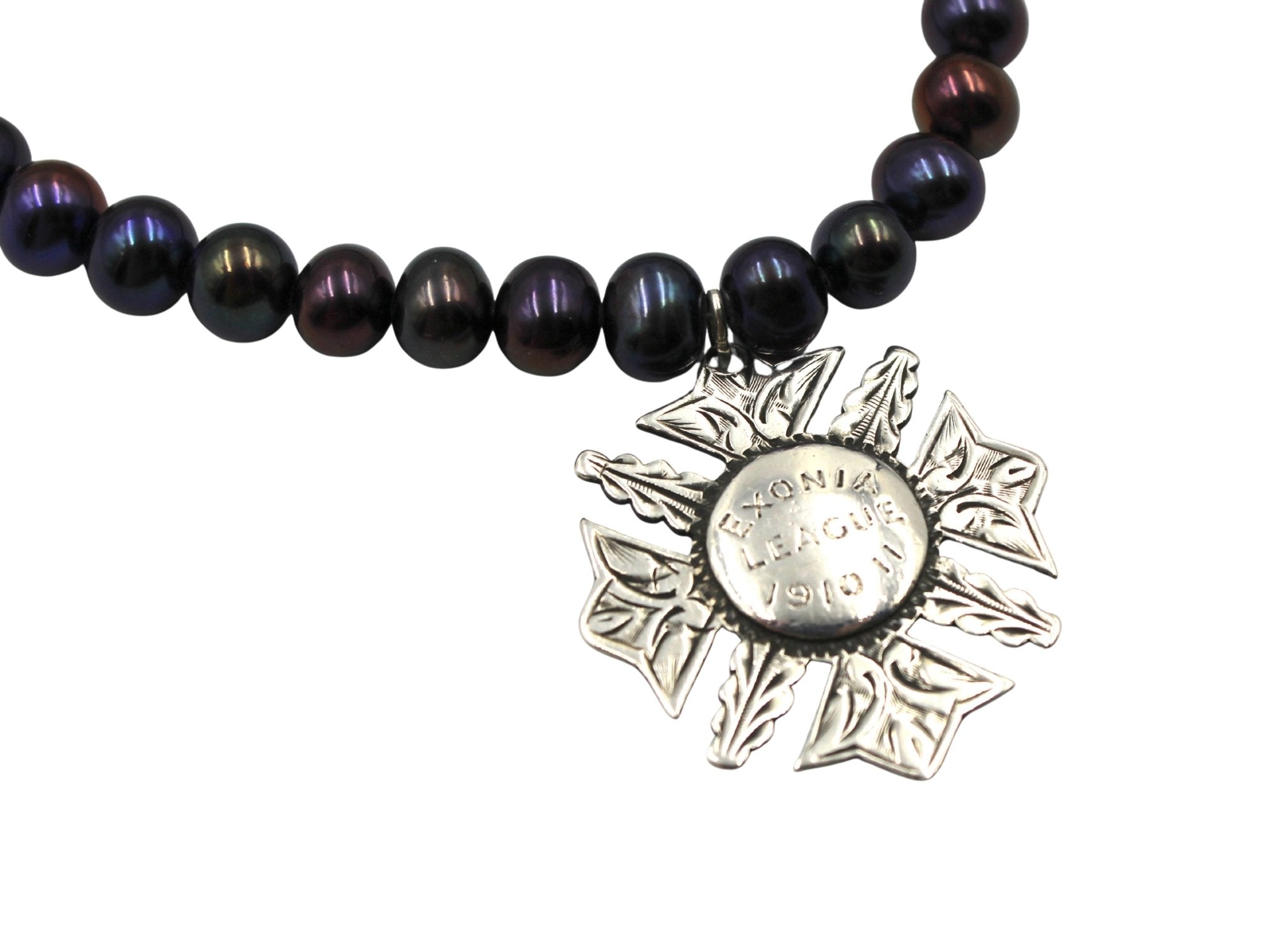 Vintage Sterling Silver British Exonia League Medal on Freshwater Pearl Necklace - The Great Republic