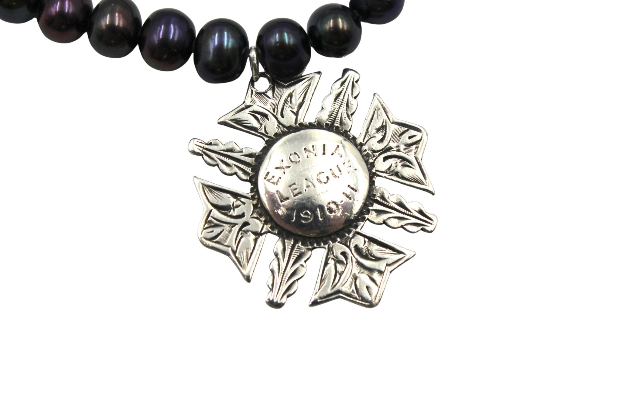 Vintage Sterling Silver British Exonia League Medal on Freshwater Pearl Necklace - The Great Republic