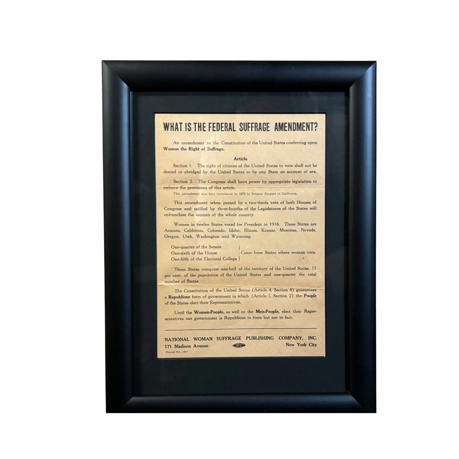 "What is the Federal Suffrage Amendment?" National Woman Suffrage Broadside, 1917 - The Great Republic