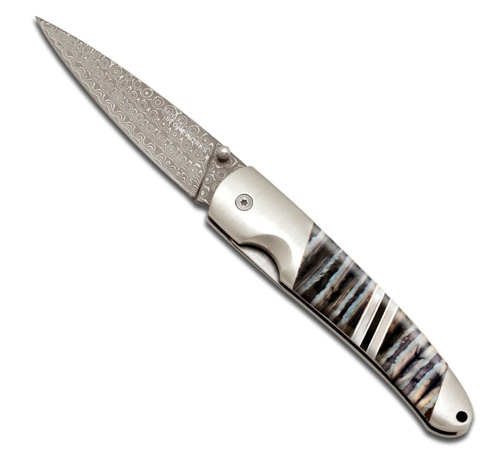 Woolly Mammoth Tooth 4" Damascus Steel Double Sided Linerlock Knife - The Great Republic